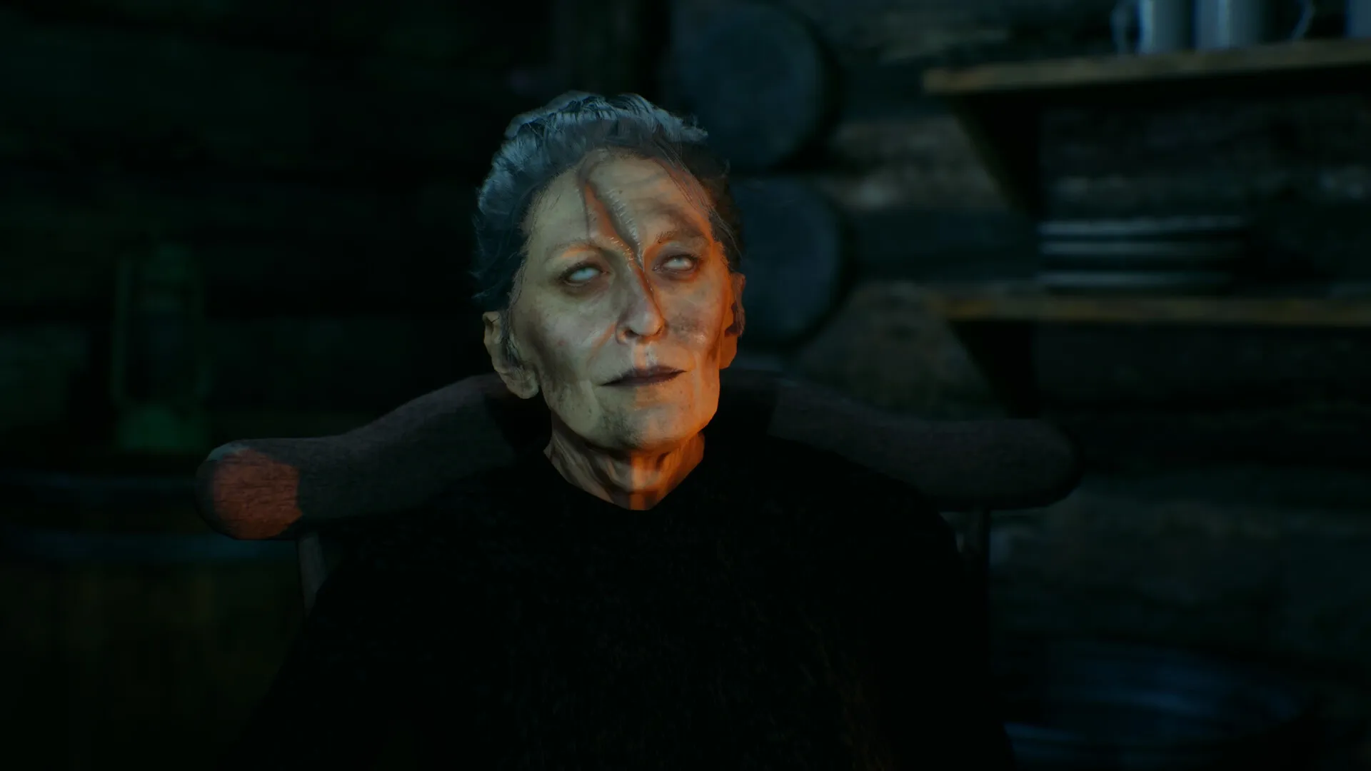 Baptiste: Elderly character with scarred face sitting in dimly lit wooden cabin, shelves in background