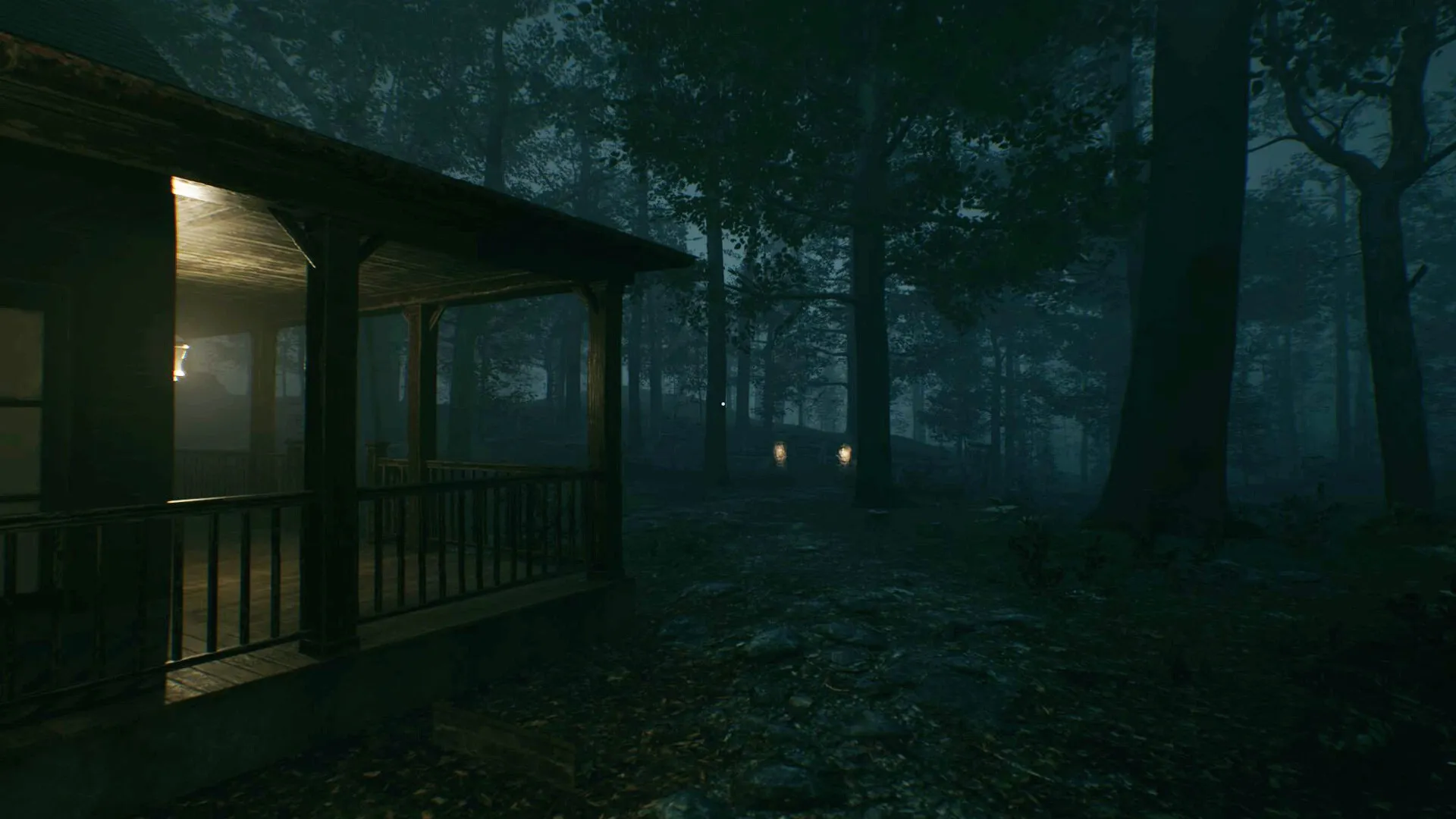 Baptiste: Dimly lit forest scene with a cabin porch on the left and two glowing lights in the distance.