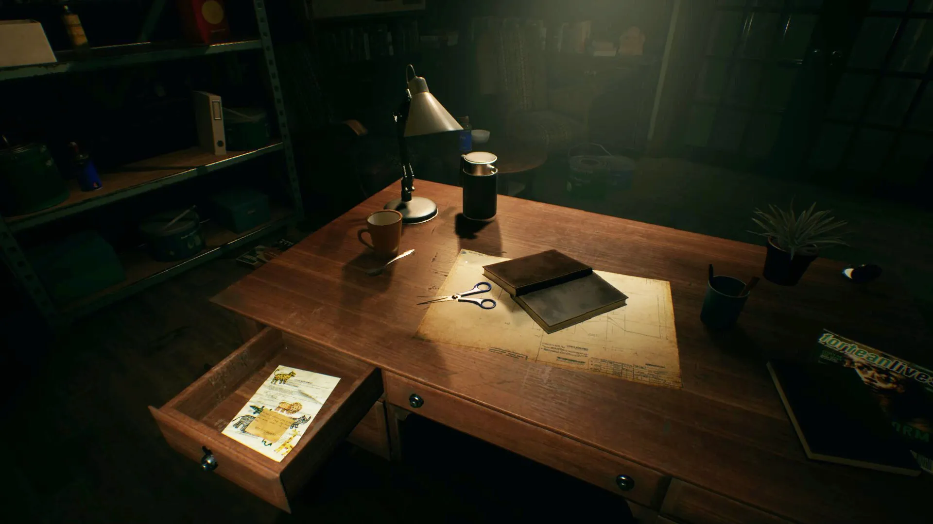 Baptiste: Dimly lit study desk with open drawer, map, scissors, and books in a mysterious room.