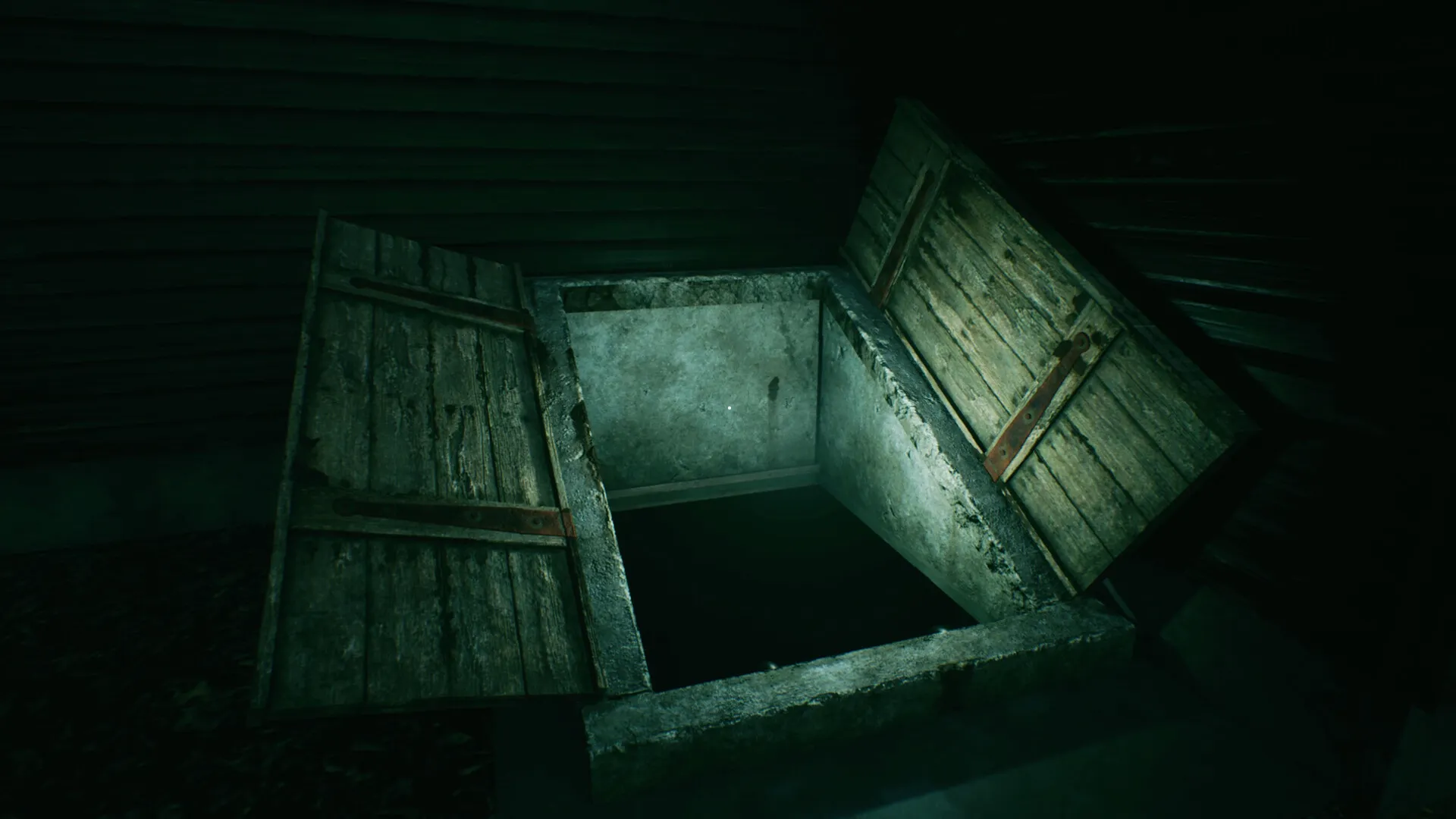 Baptiste: Open cellar doors leading to a dark, ominous basement in a dimly lit wooden structure.