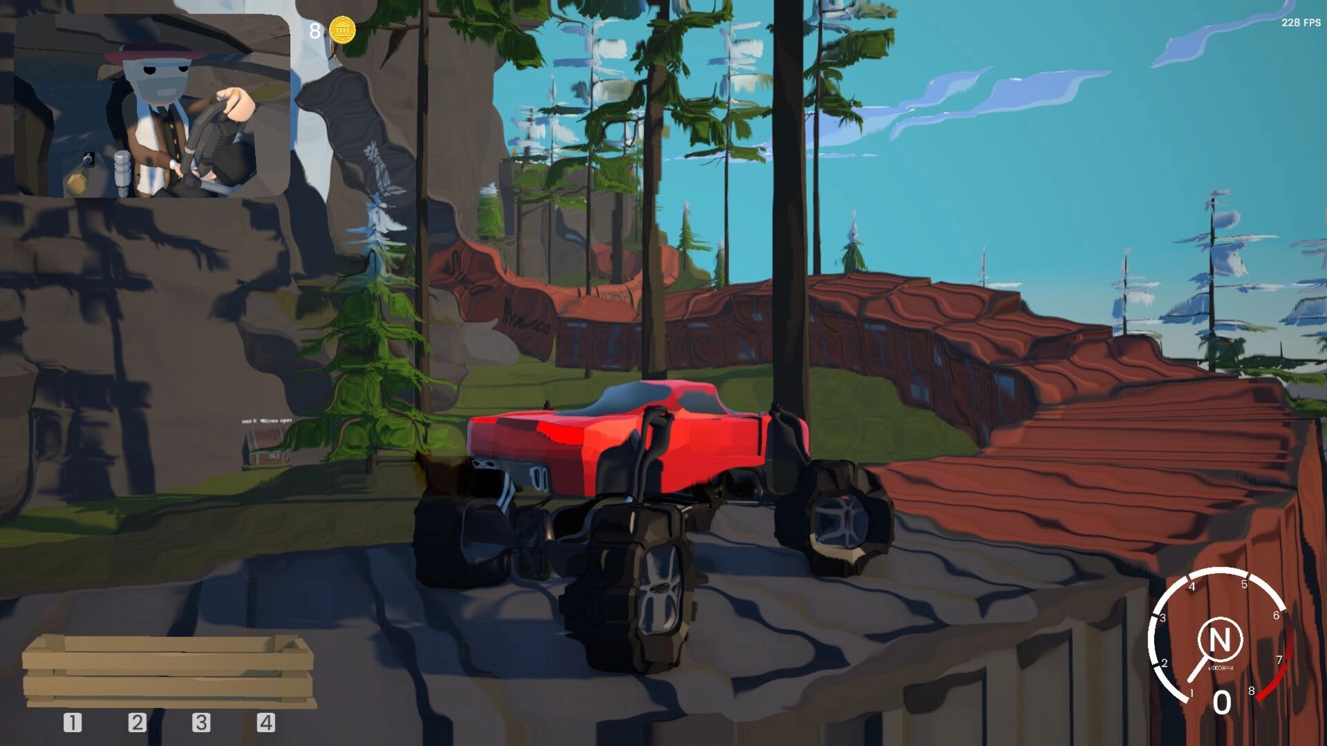 Bar After Bar: Red off-road truck stuck on rocky ledge by pine trees, speedometer at 0 UI visible.