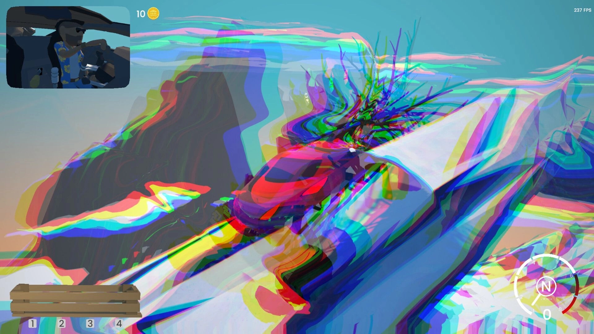 Bar After Bar: Car climbs a steep snowy mountain road with rainbow blur effect and speedometer UI.