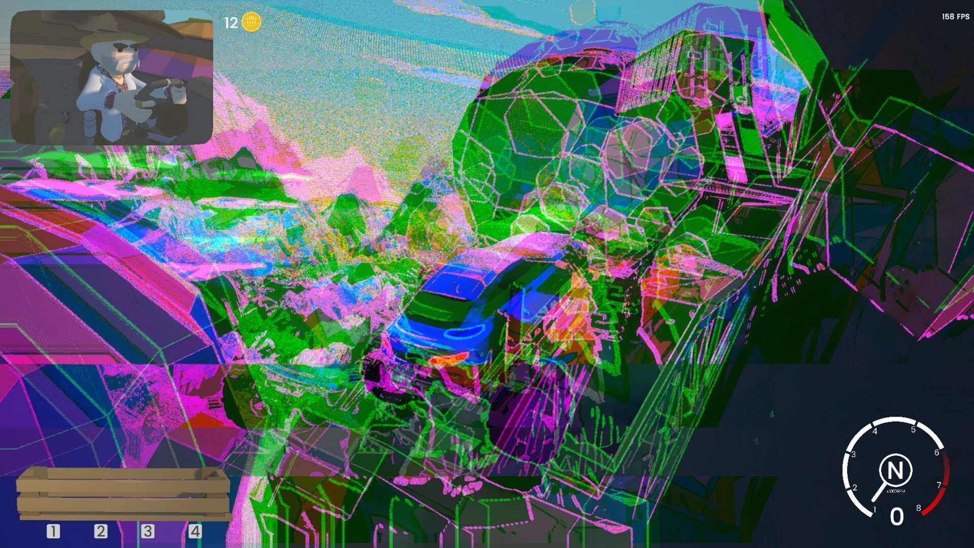 Bar After Bar: Glitched third-person car crash on mountain road with driver portrait and speed gauge UI.