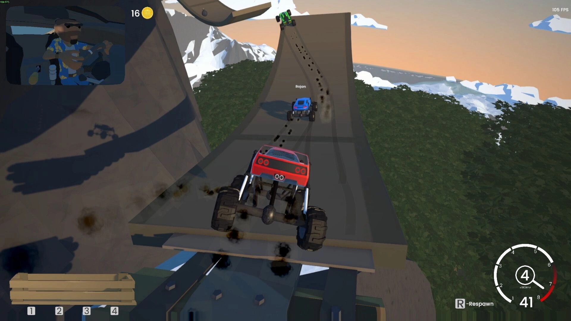 Bar After Bar: Monster trucks climb a steep ramp, speedometer UI visible over snowy mountain cliffs.