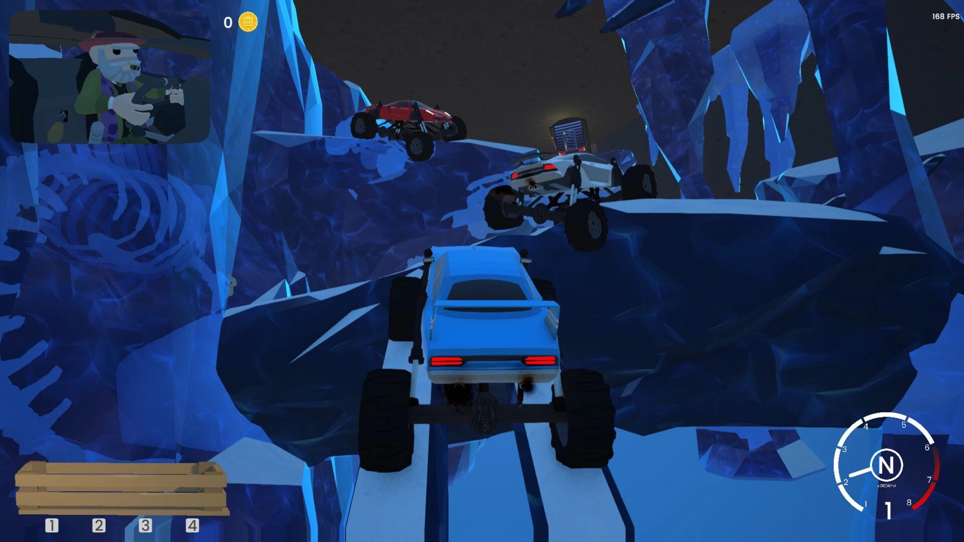 Bar After Bar: Off-road buggies climb an icy cliffside path with minimap, gear meter, and coin UI.