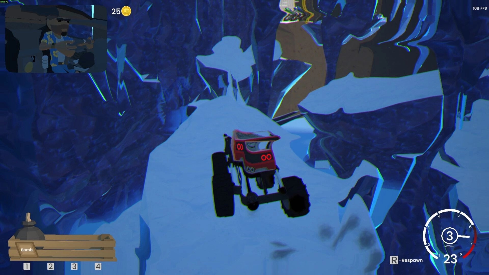Bar After Bar: Off-road truck climbs icy cliff path with bomb slot UI and speedometer in view.