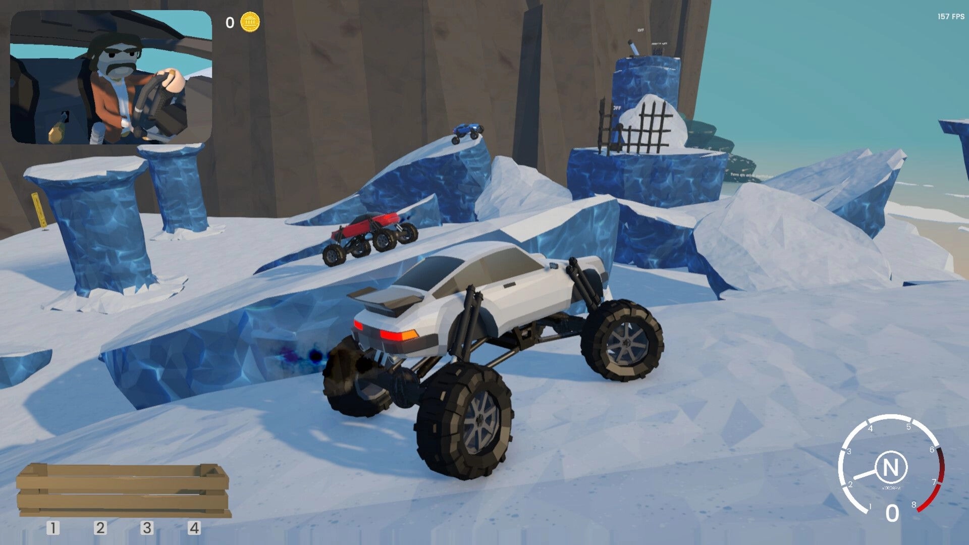 Bar After Bar: Monster truck climbing icy ledges with driver portrait inset and speed gauge HUD.