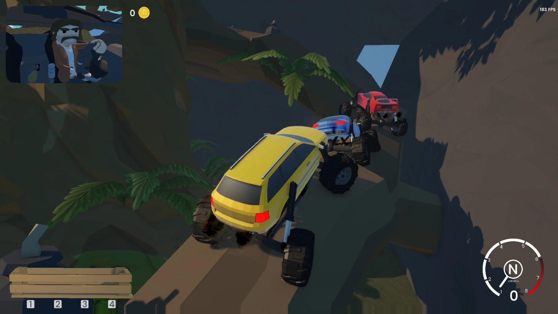 Bar After Bar: Three monster trucks squeeze along a cliff trail, with speedometer and coin UI visible.