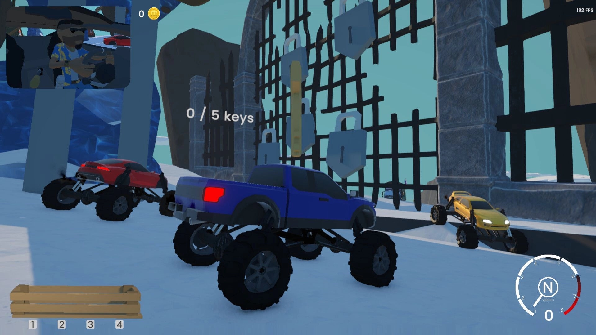 Bar After Bar: Monster trucks idle by a locked gate, UI shows 0/5 keys and speedometer at 0.