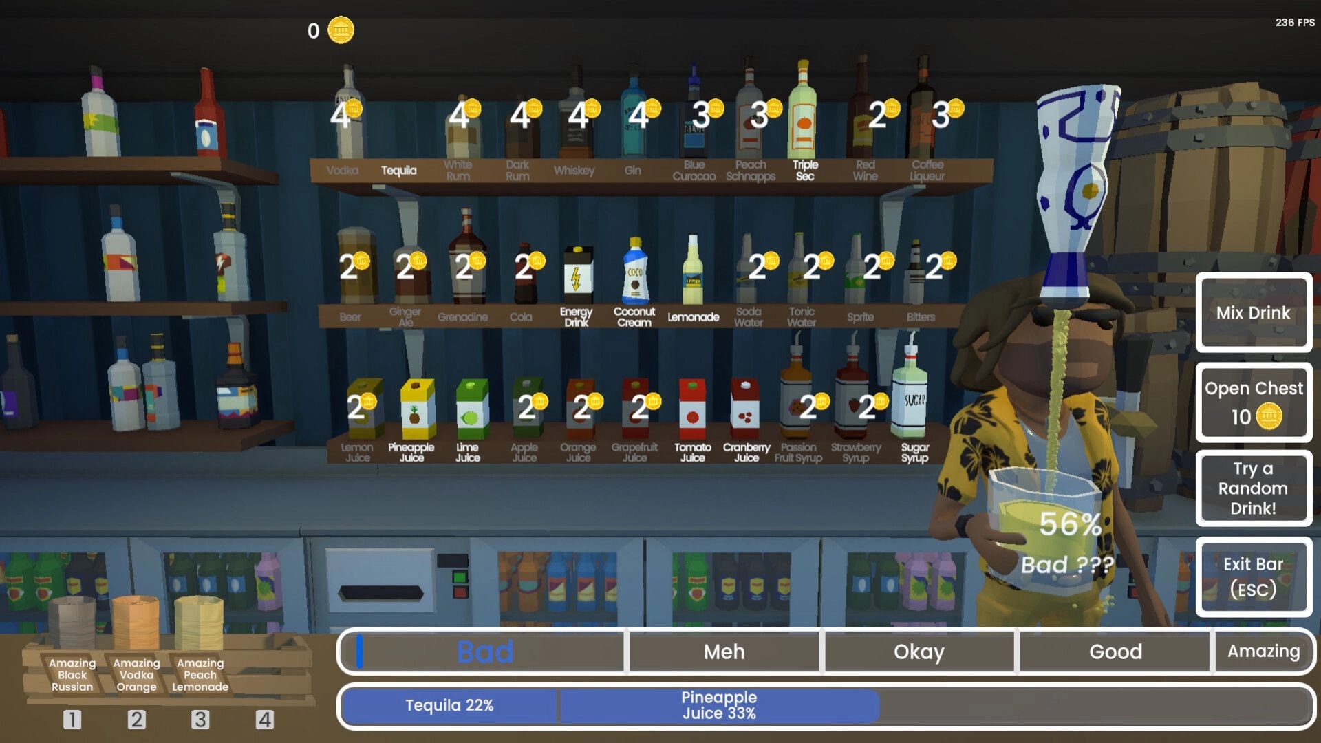 Bar After Bar: Mixing a drink at bar shelves of bottles, with Mix Drink and random drink UI buttons.