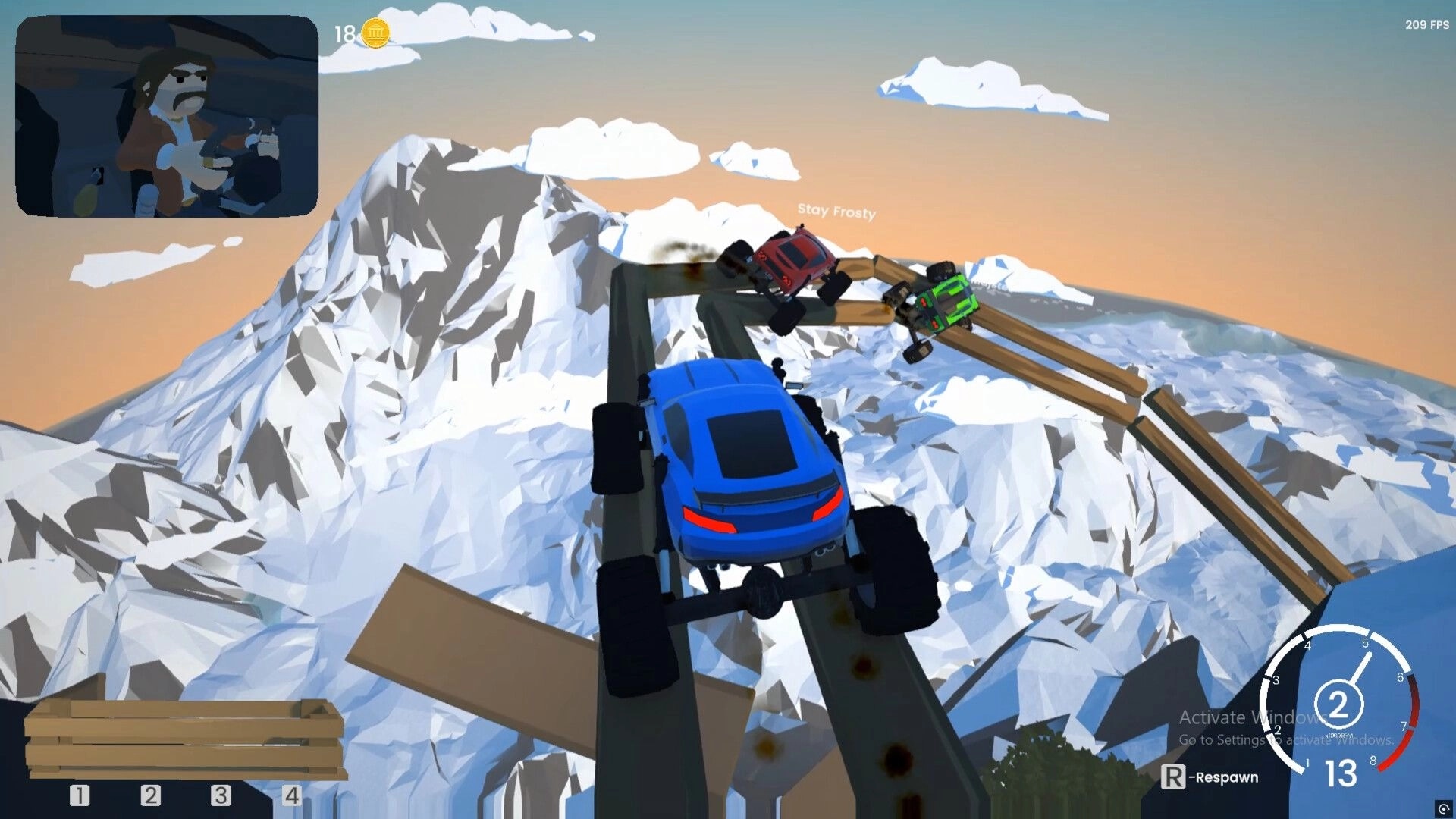 Bar After Bar: Blue off-road car on narrow mountain bridge as two cars collide, speedometer UI visible.