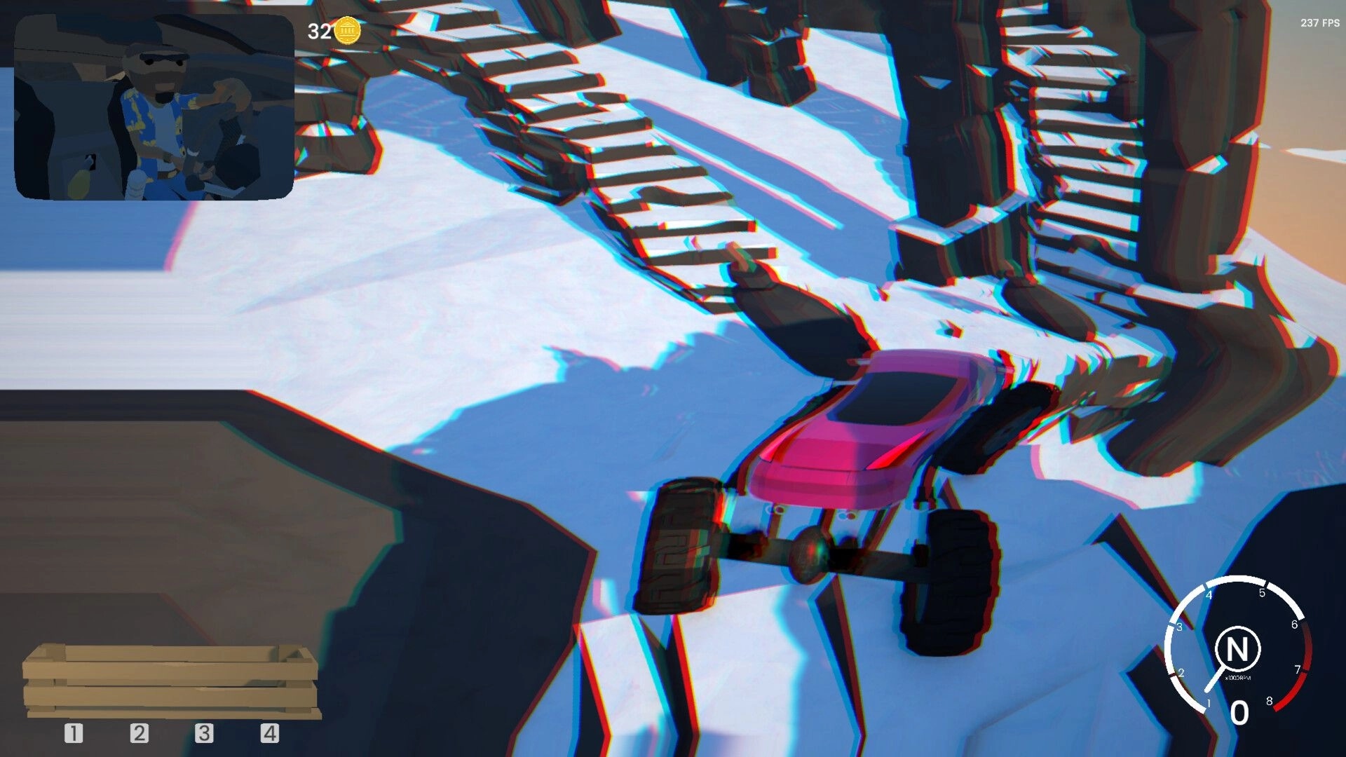 Bar After Bar: Pink off-road car climbs snowy cliff road with speedometer UI and player inset cam.