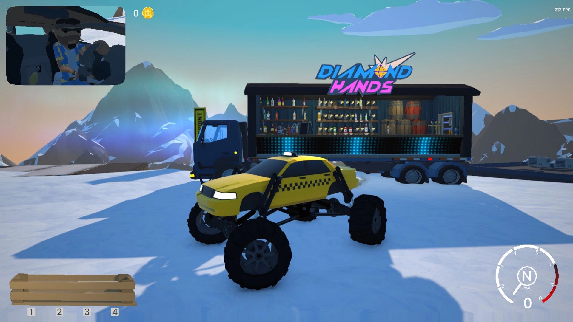 Bar After Bar: Monster taxi idles by Diamond Hands bar truck on snowy mountain road, speedometer UI.