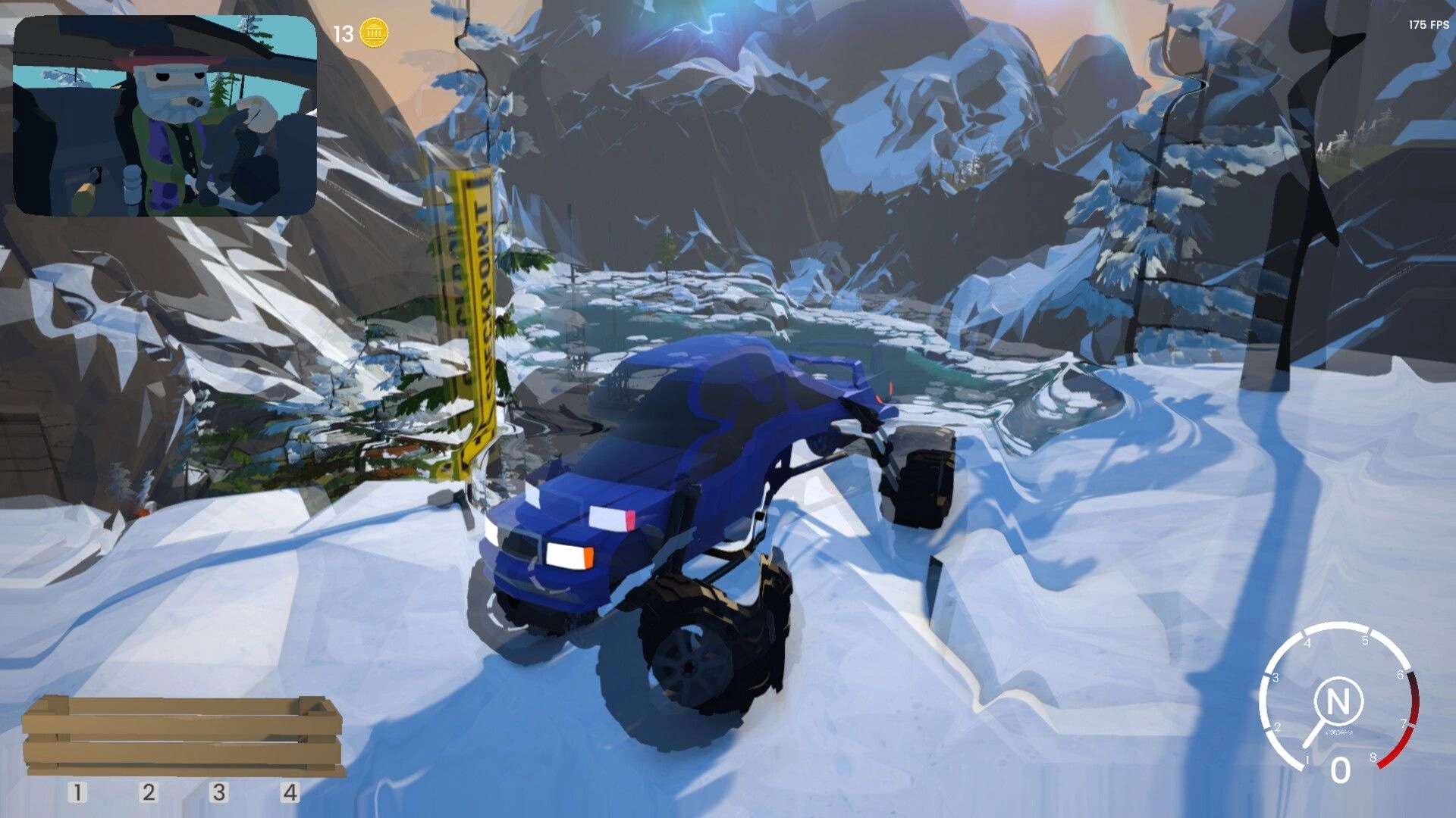 Bar After Bar: Blue car skids on snowy mountain road beside frozen lake, driver cam and speedometer UI.