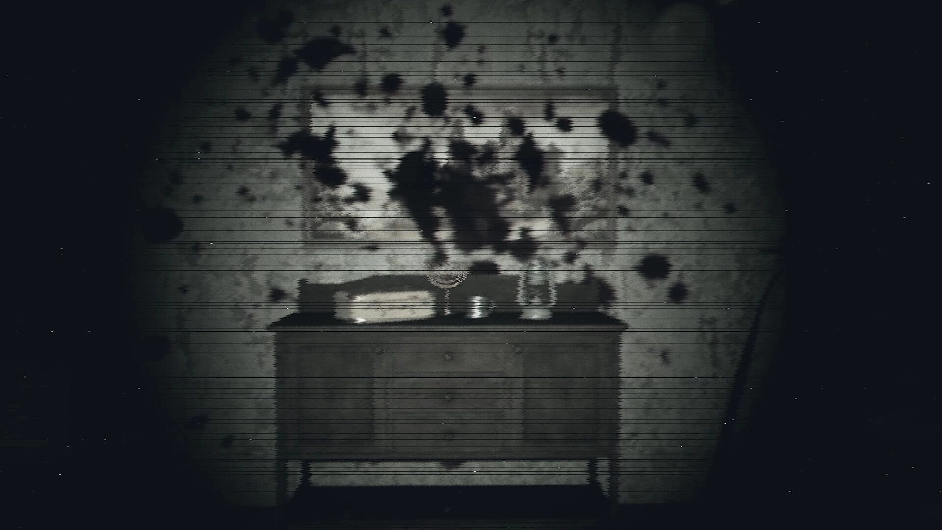 BARABIZNA: Dark hallway with an old dresser, blood splatters, and eerie shadows in a creepy old house.