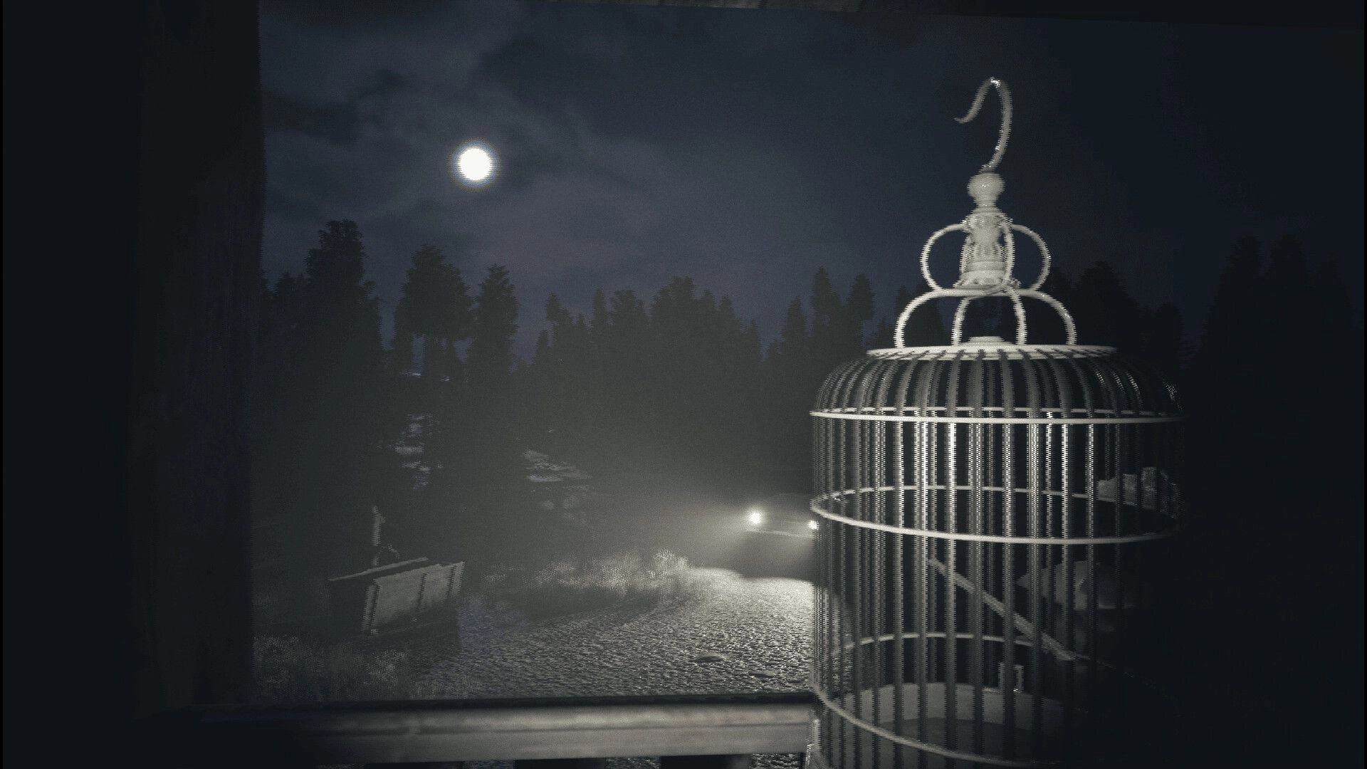 BARABIZNA: Moonlit forest view with an empty birdcage on a balcony, evoking eerie atmosphere