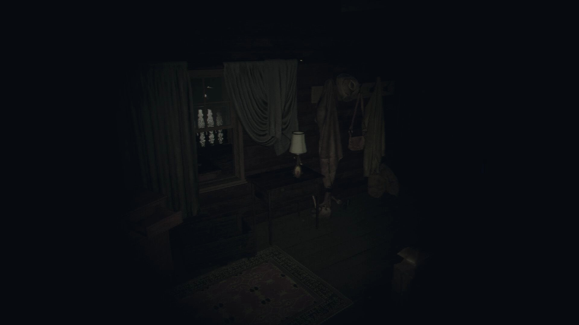BARABIZNA: Dimly lit room with a window, curtains, a lamp on a table, and hanging coats in old house.