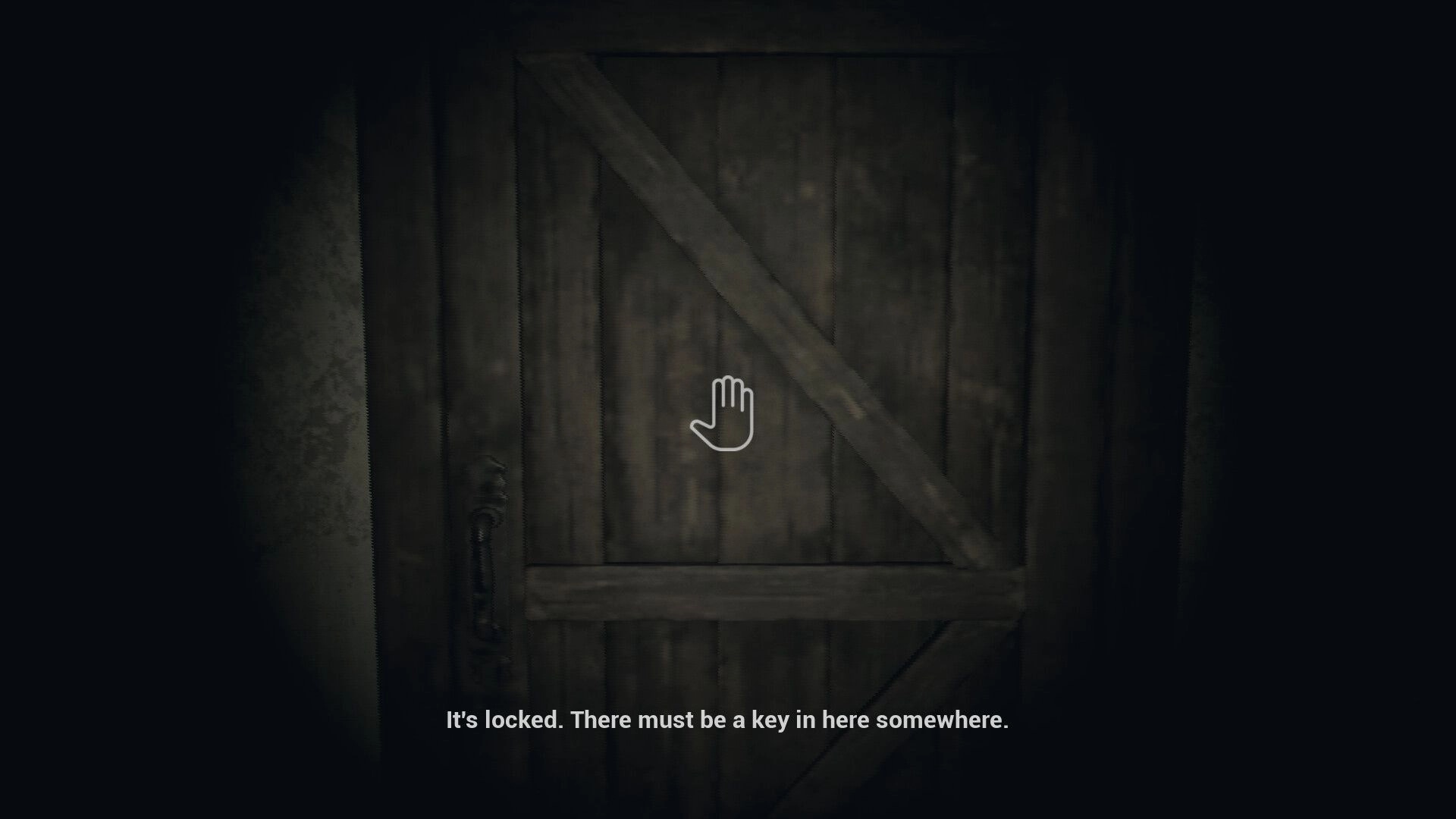 BARABIZNA: Locked wooden door with hand icon and text prompt in dimly lit hallway of old house.