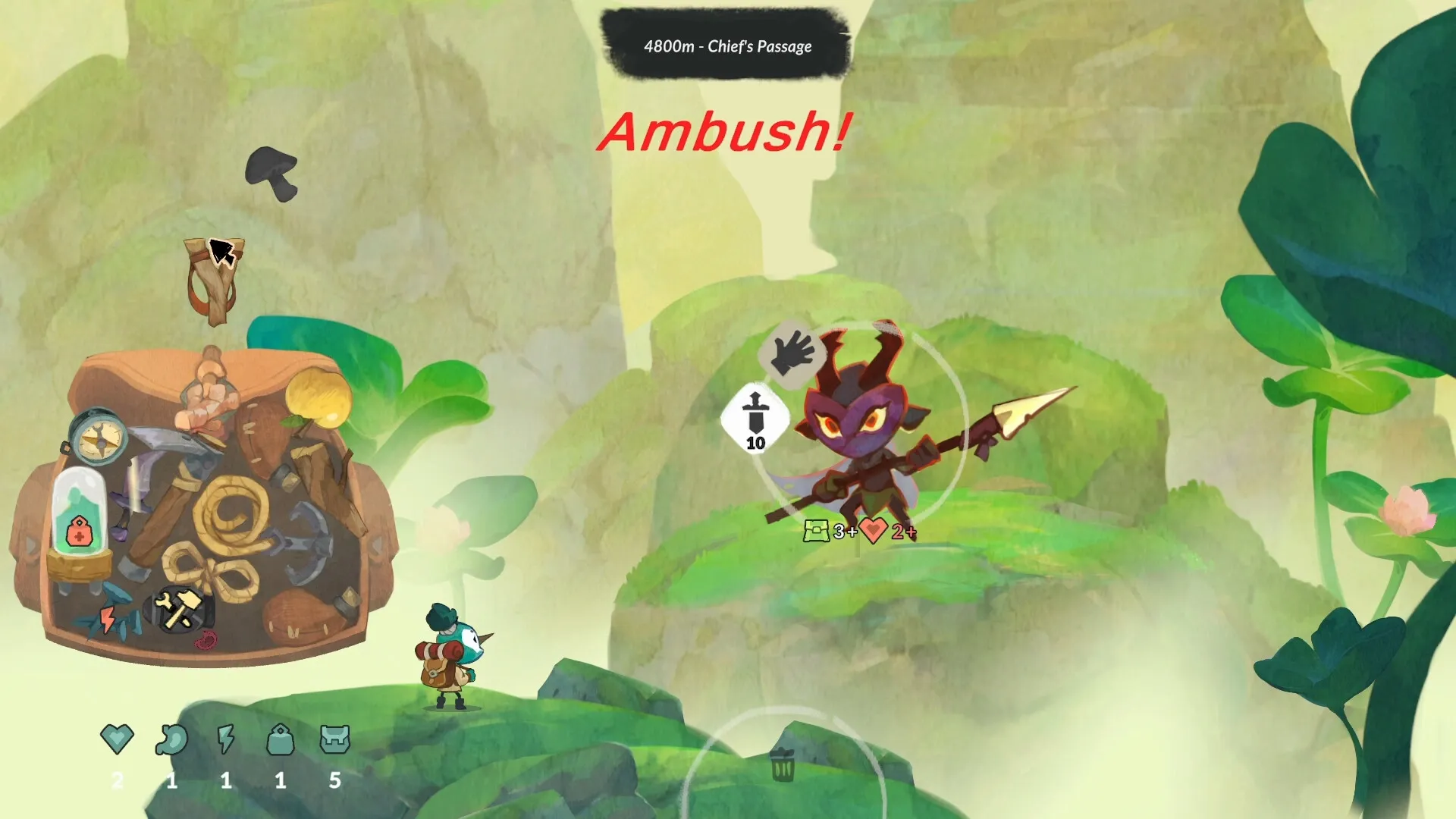 Barda: Ambush encounter with enemy on lush mountain path, inventory menu displayed on the left