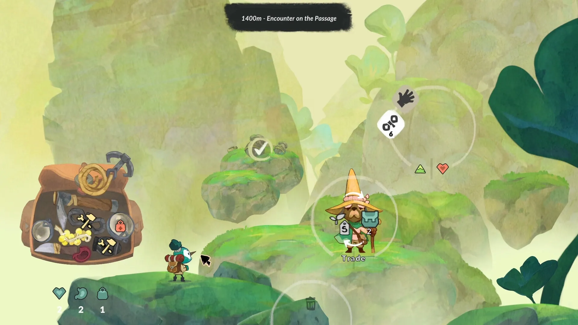 Barda: Backpack inventory open, character prepares to trade with merchant on floating green platforms.