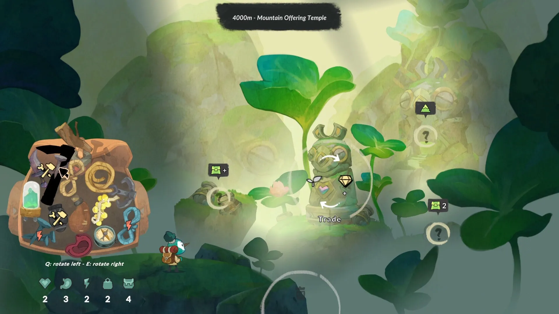 Barda: Young adventurer with full backpack in lush mountain temple environment, ready to trade items.