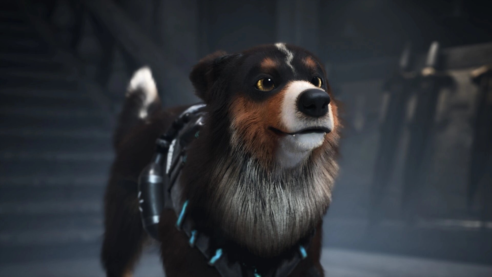 Barkour: Close-up of Agent T.H.U.N.D.E.R. wearing a gadget harness in a dim industrial room.