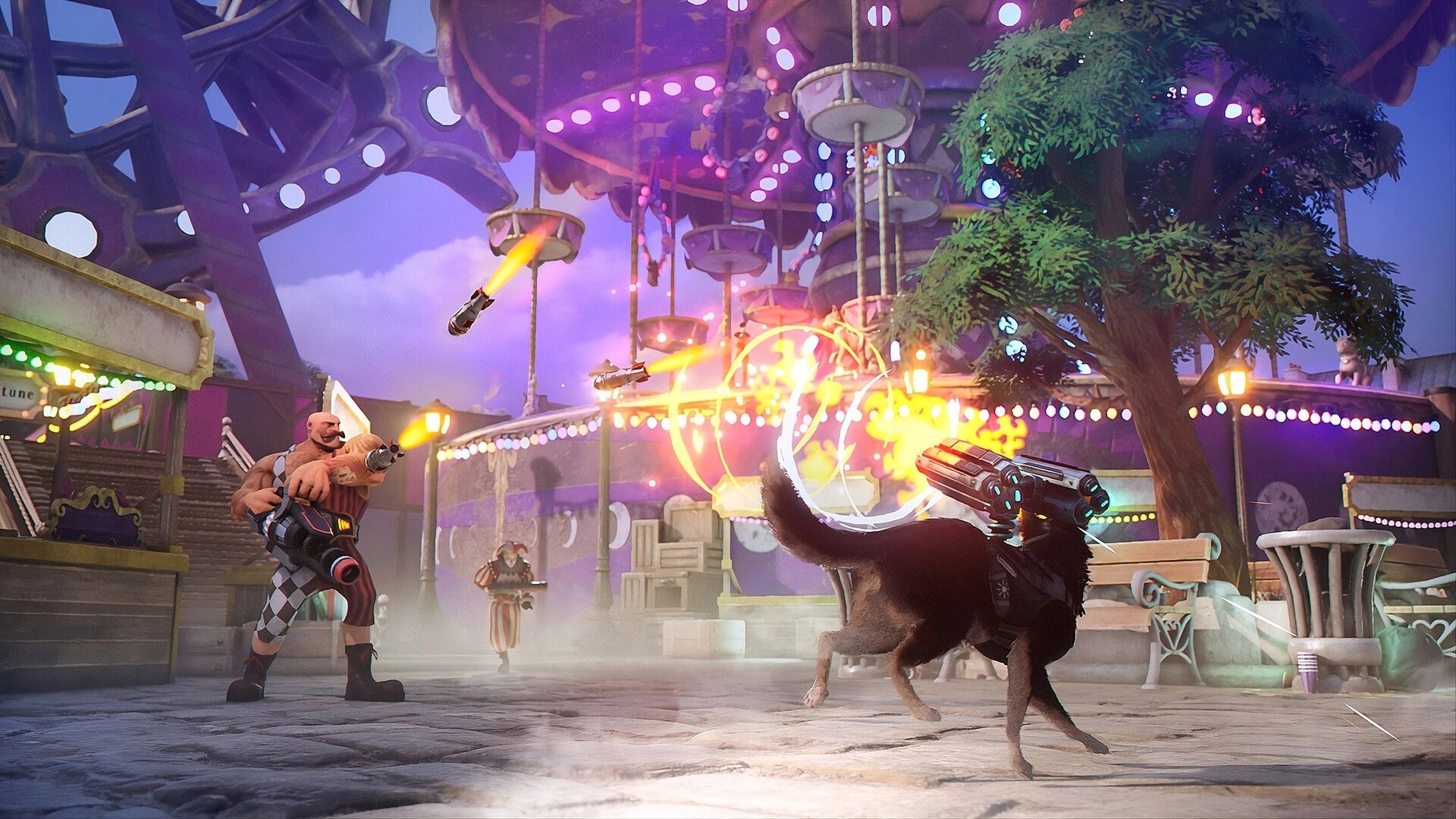 Barkour: Agent T.H.U.N.D.E.R. fires a gadget gun at enemies in a neon-lit carnival plaza battle scene.