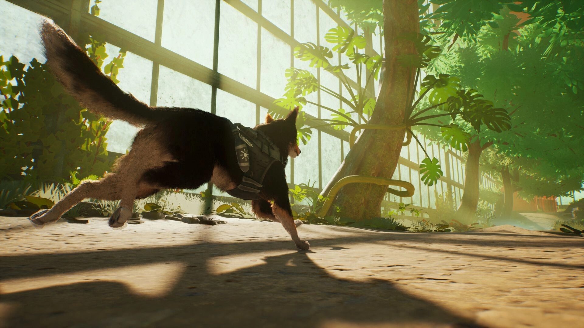 Barkour: Agent T.H.U.N.D.E.R. sprinting in a tactical vest through a sunlit greenhouse jungle walkway.