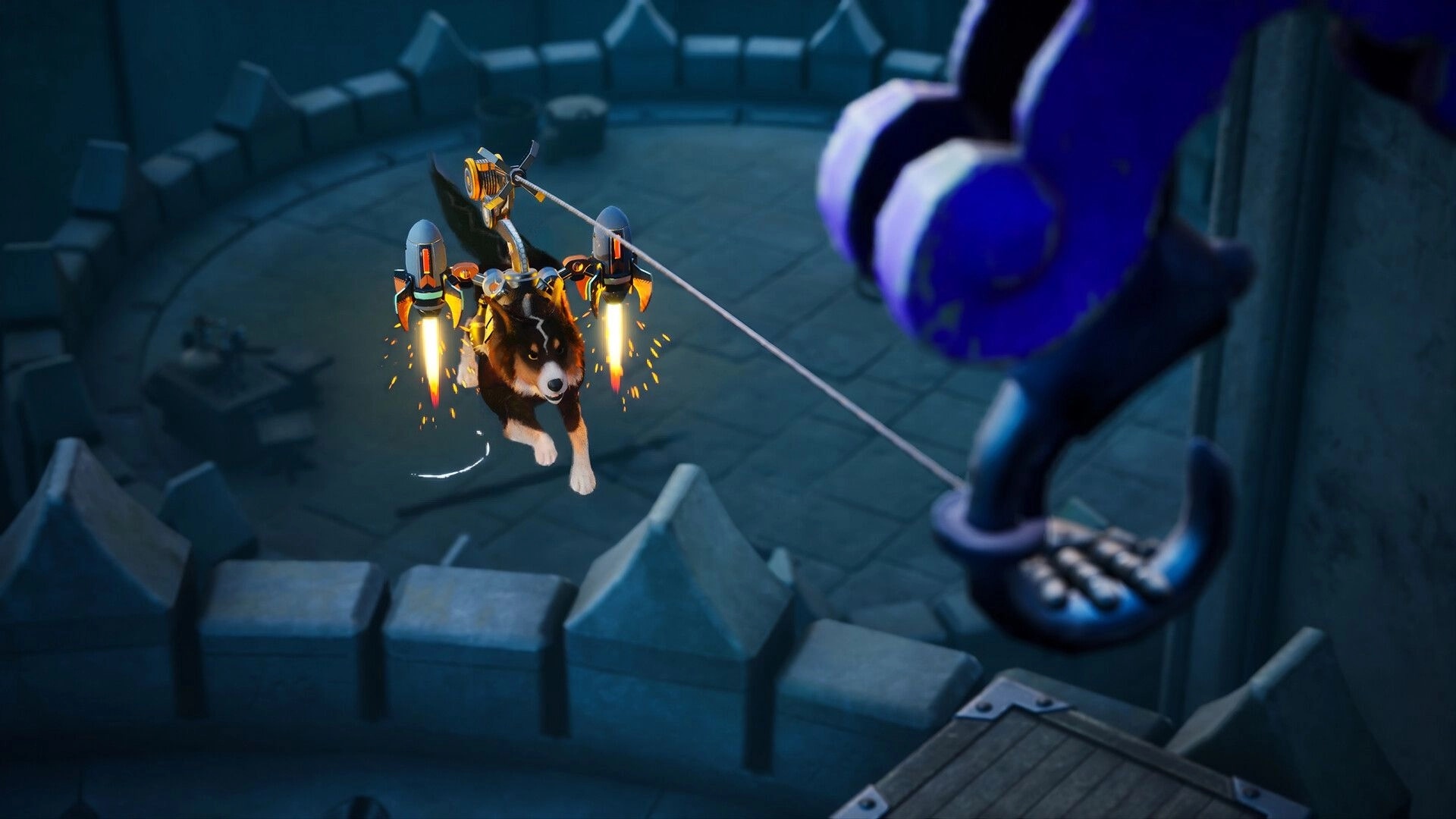 Barkour: Jetpack dog tethered to a grappling line in a circular stone arena with a robot foe nearby.