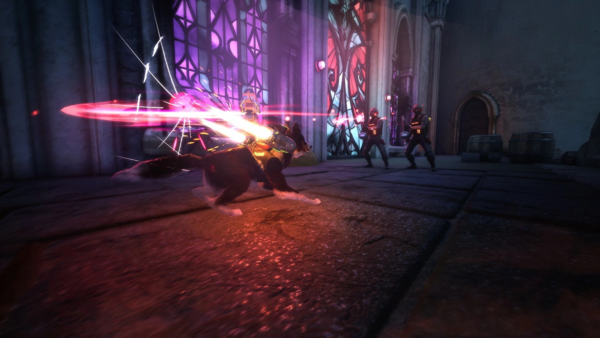 Barkour: Agent T.H.U.N.D.E.R. dodges laser fire from guards in a stained-glass cathedral hall.