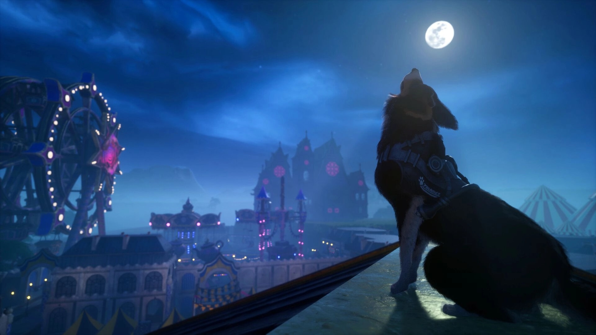 Barkour: Agent T.H.U.N.D.E.R. howls at the full moon overlooking a neon-lit carnival city at night.
