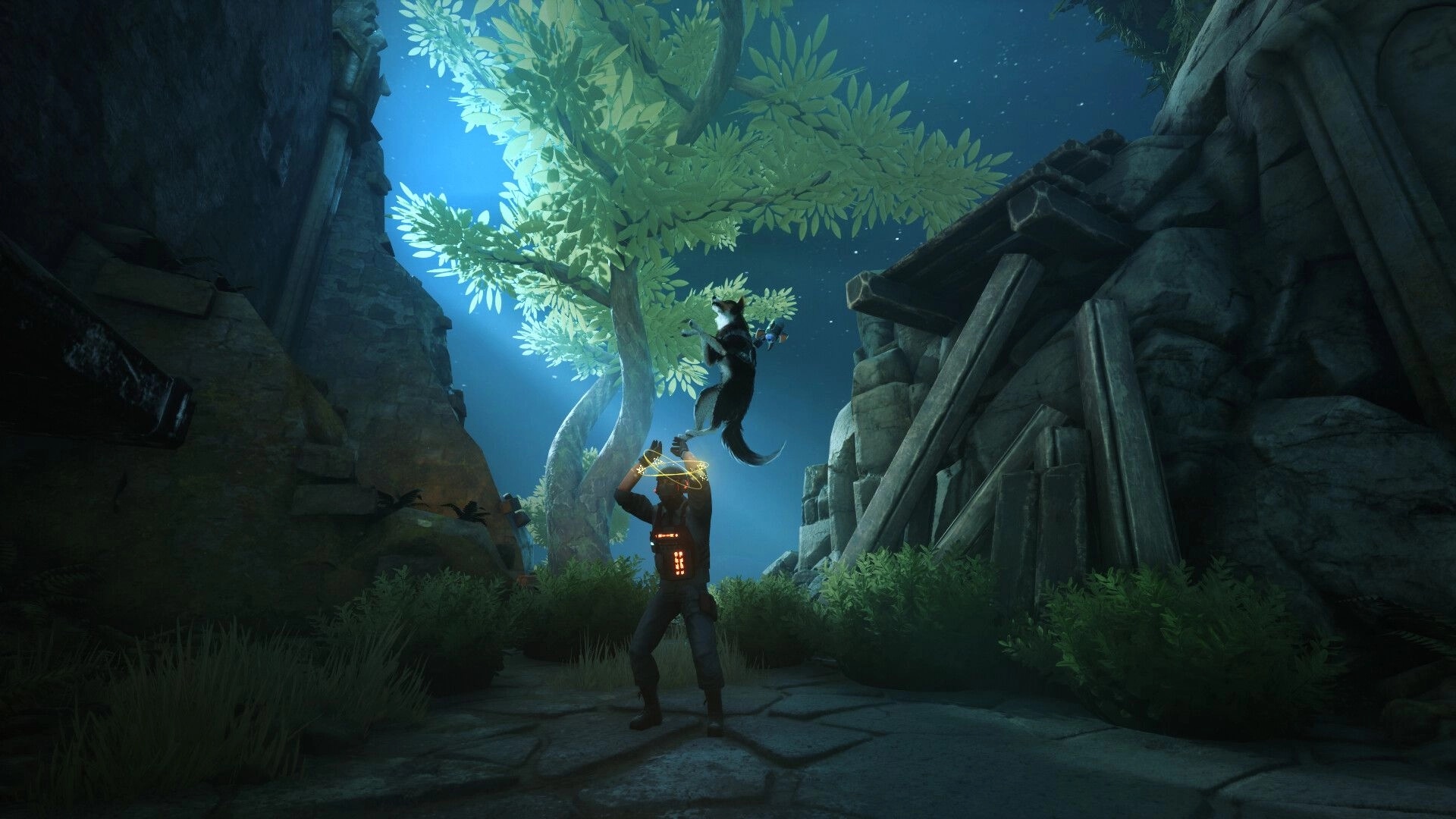 Barkour: Agent T.H.U.N.D.E.R. leaps above a guard in moonlit stone ruins with trees overhead.