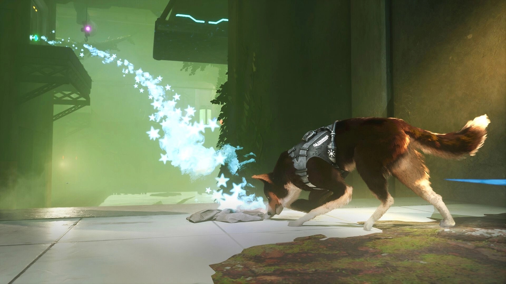 Barkour: Agent dog sniffs a cloth beside a sparkling trail in a foggy industrial corridor.