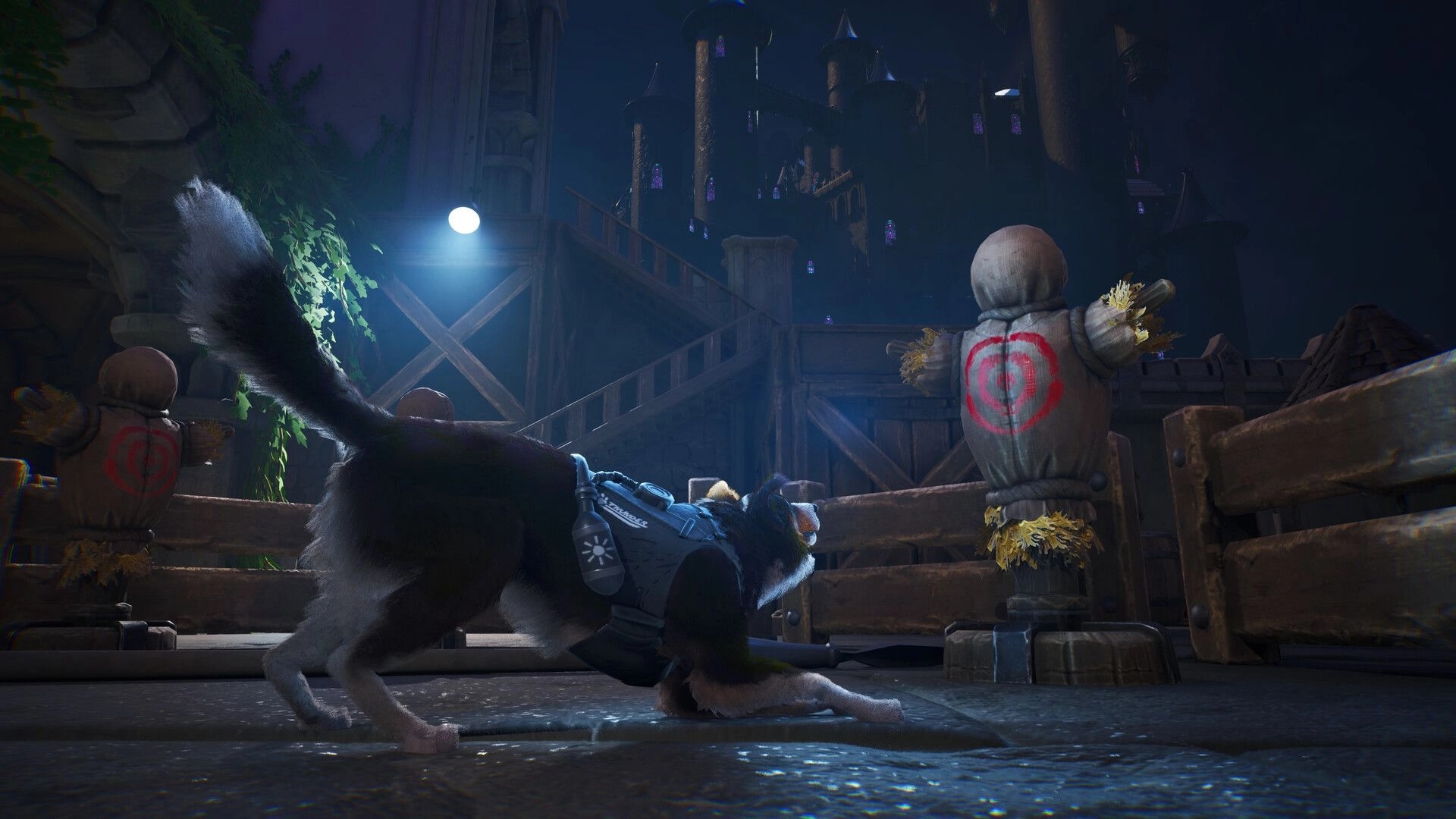 Barkour: Agent T.H.U.N.D.E.R. crouches by scarecrow targets in a moonlit wooden training yard.