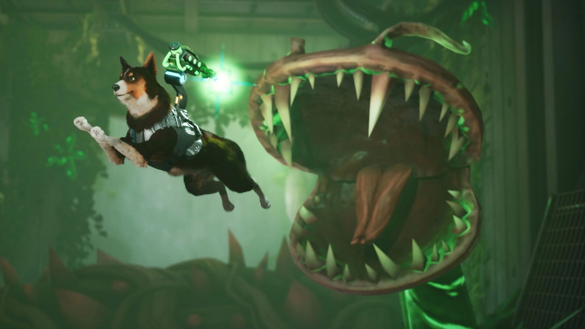 Barkour: Agent T.H.U.N.D.E.R. midair with gadget arm as giant plant monster lunges in lab room.