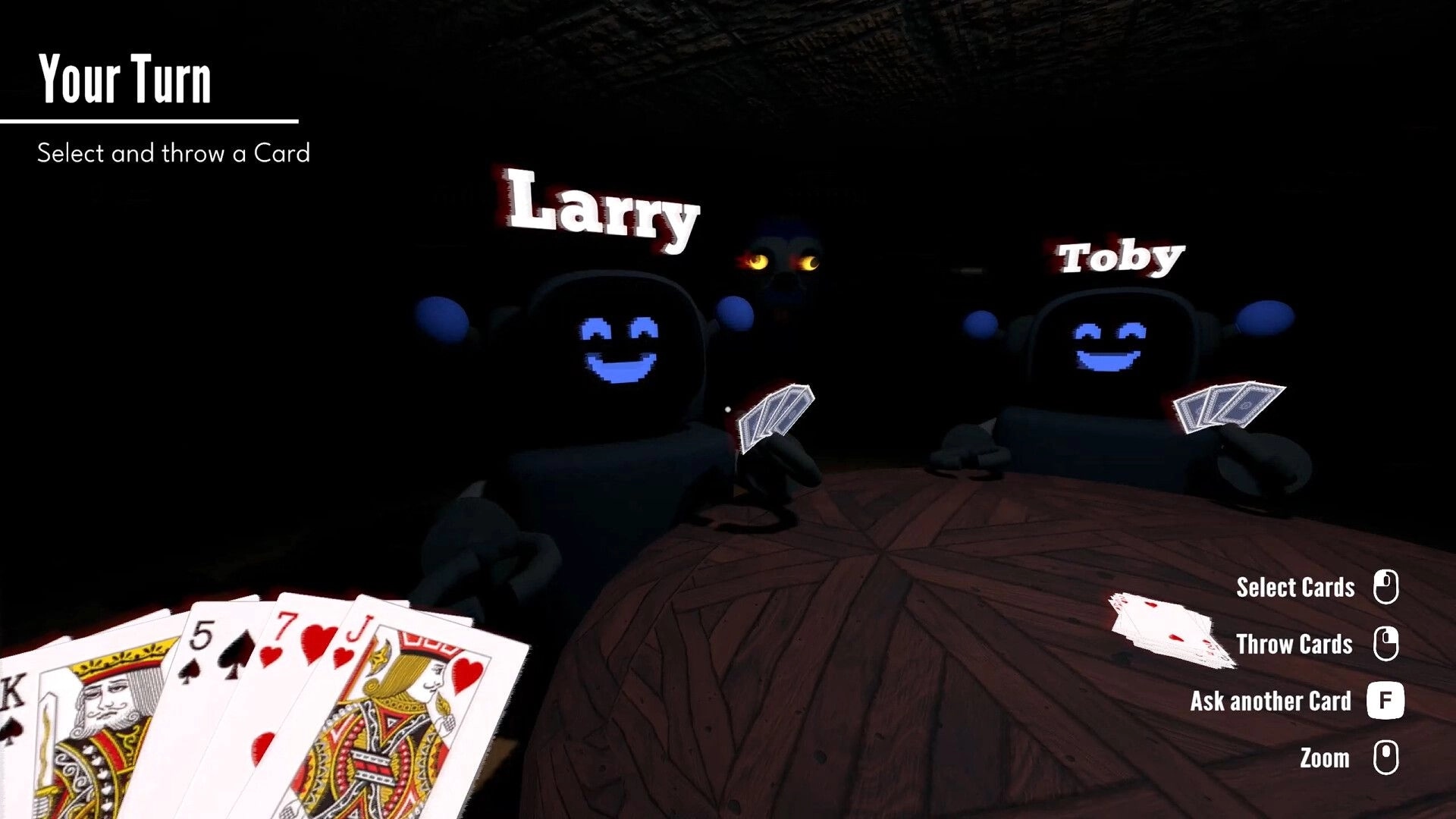 Barks and Bytes: Robots Larry and Toby hold cards at a round table, player's hand visible in foreground