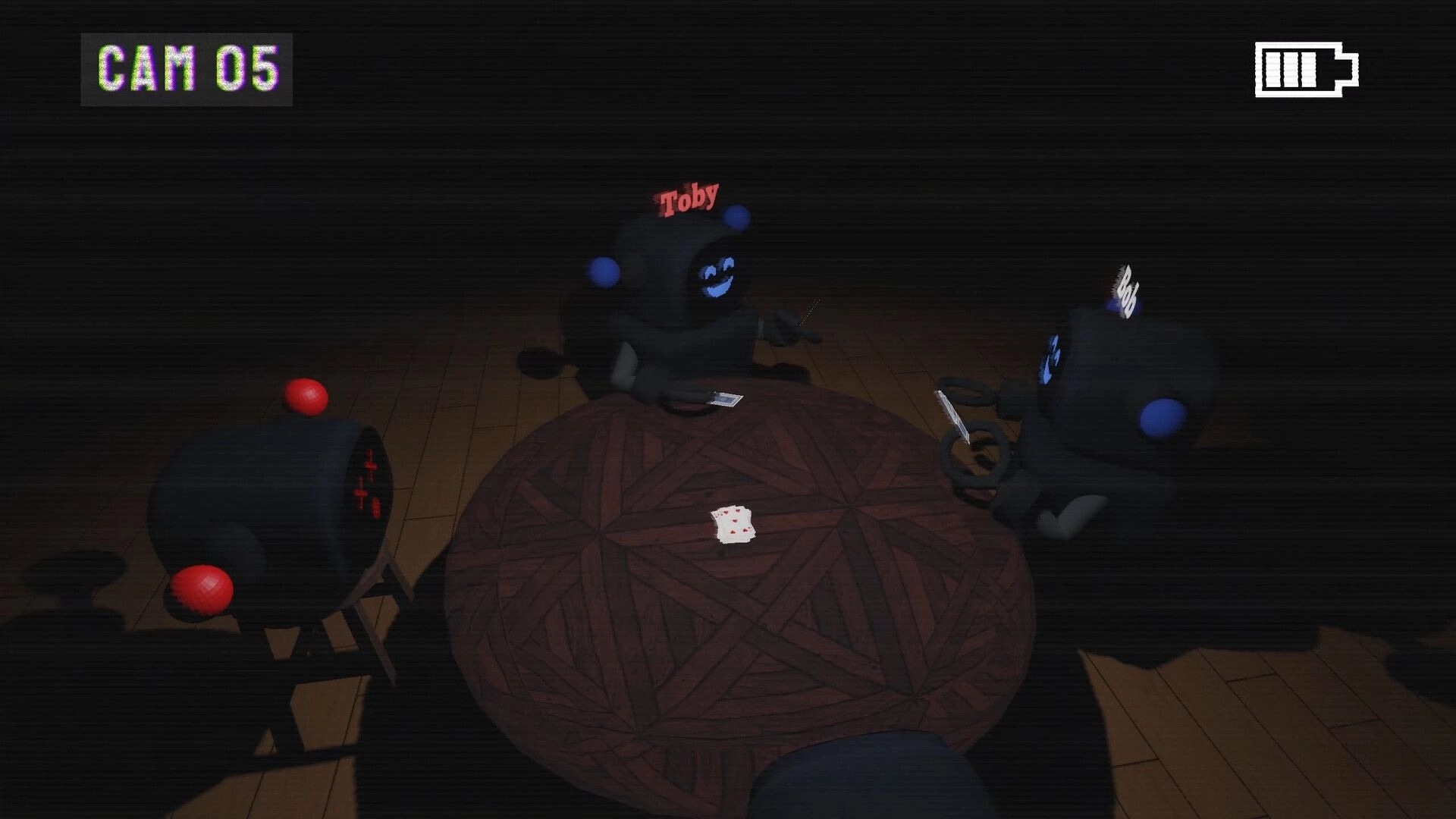 Barks and Bytes: Robots Toby and Bob play cards around a table in a dimly lit room, viewed from Cam 05.