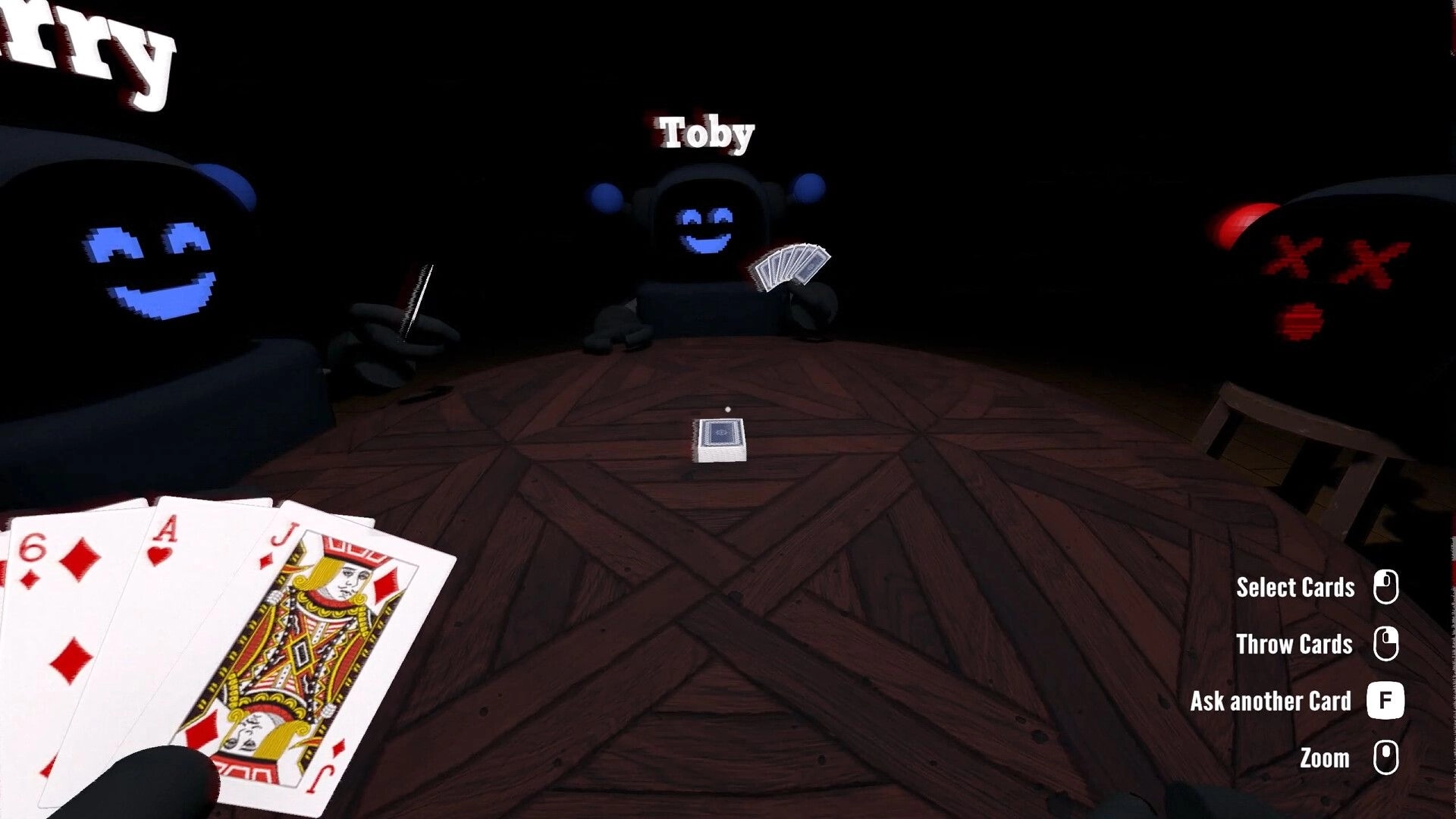 Barks and Bytes: Toby holds cards at a round table, UI shows card actions, player hand in foreground.