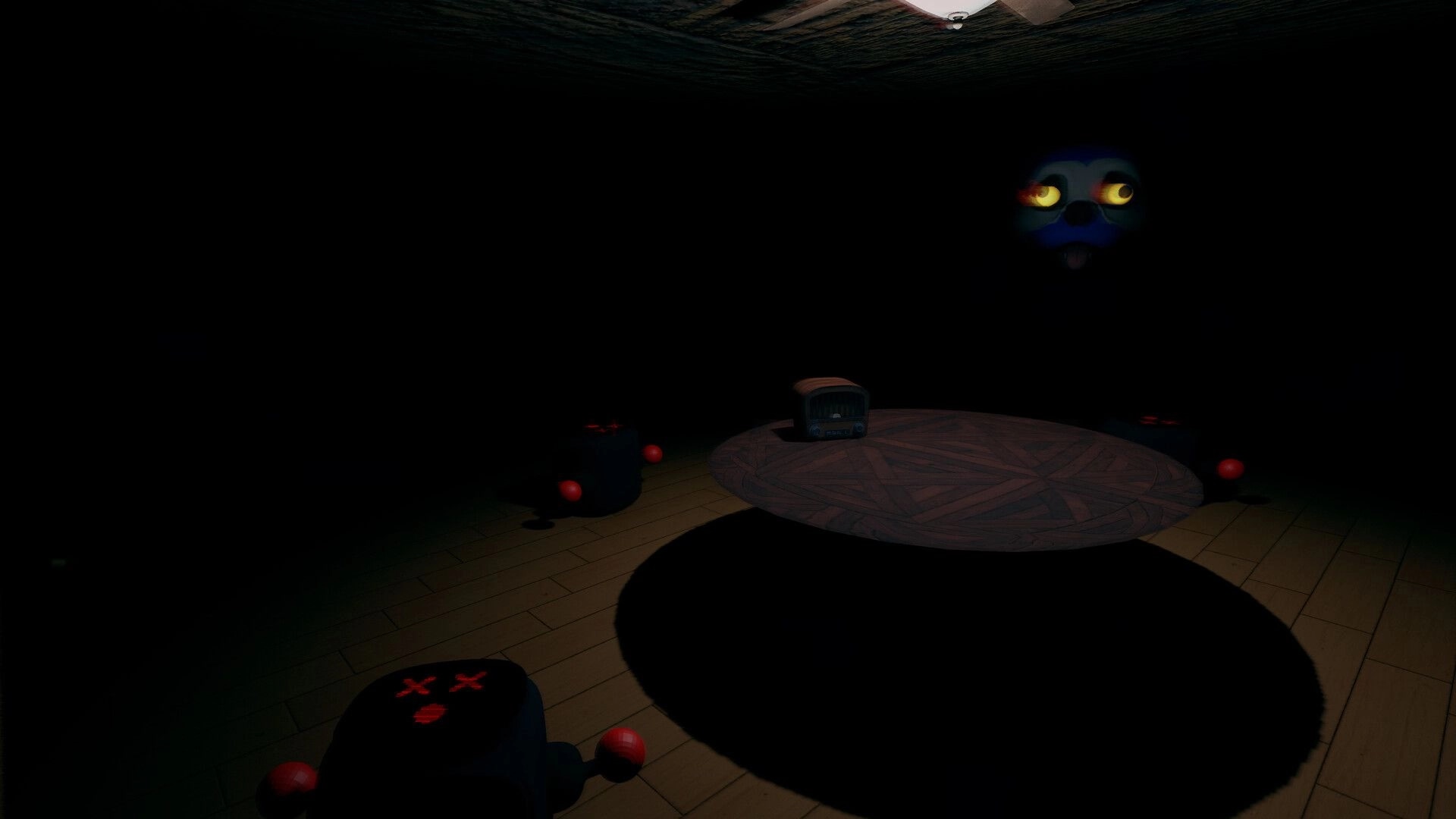 Barks and Bytes: Dark room with glowing eyes, round table, and small robots scattered on wooden floor