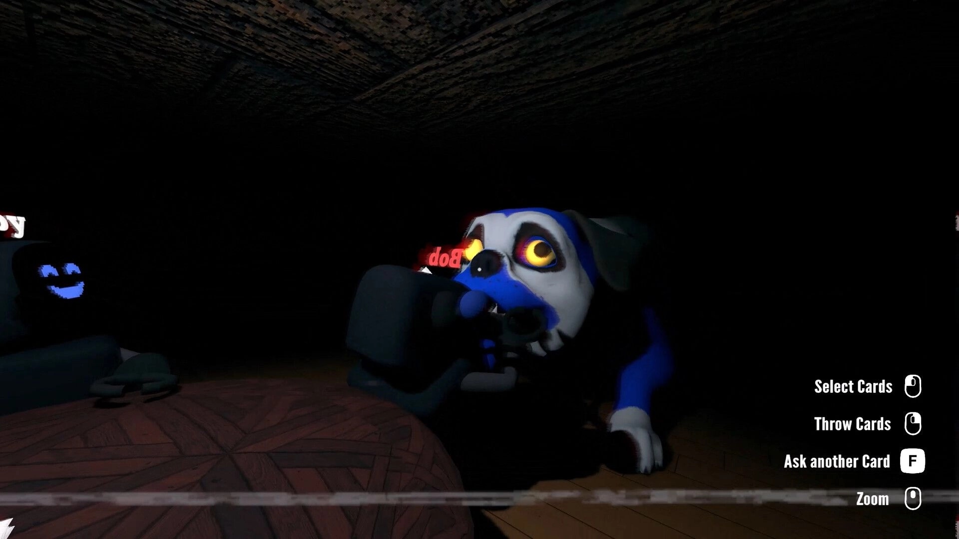 Barks and Bytes: Robot dog with glowing eyes crouches in dark room, game controls displayed on right