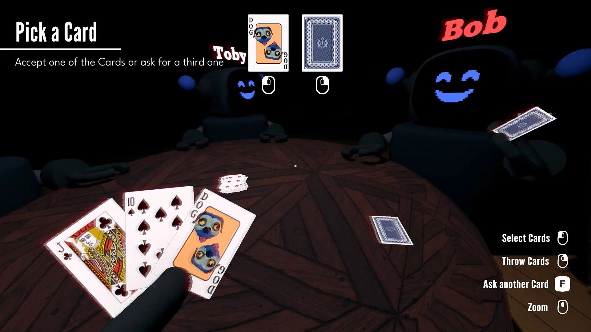 Barks and Bytes: Robots Toby and Bob bluff with cards at a wooden table in a dark room setting.