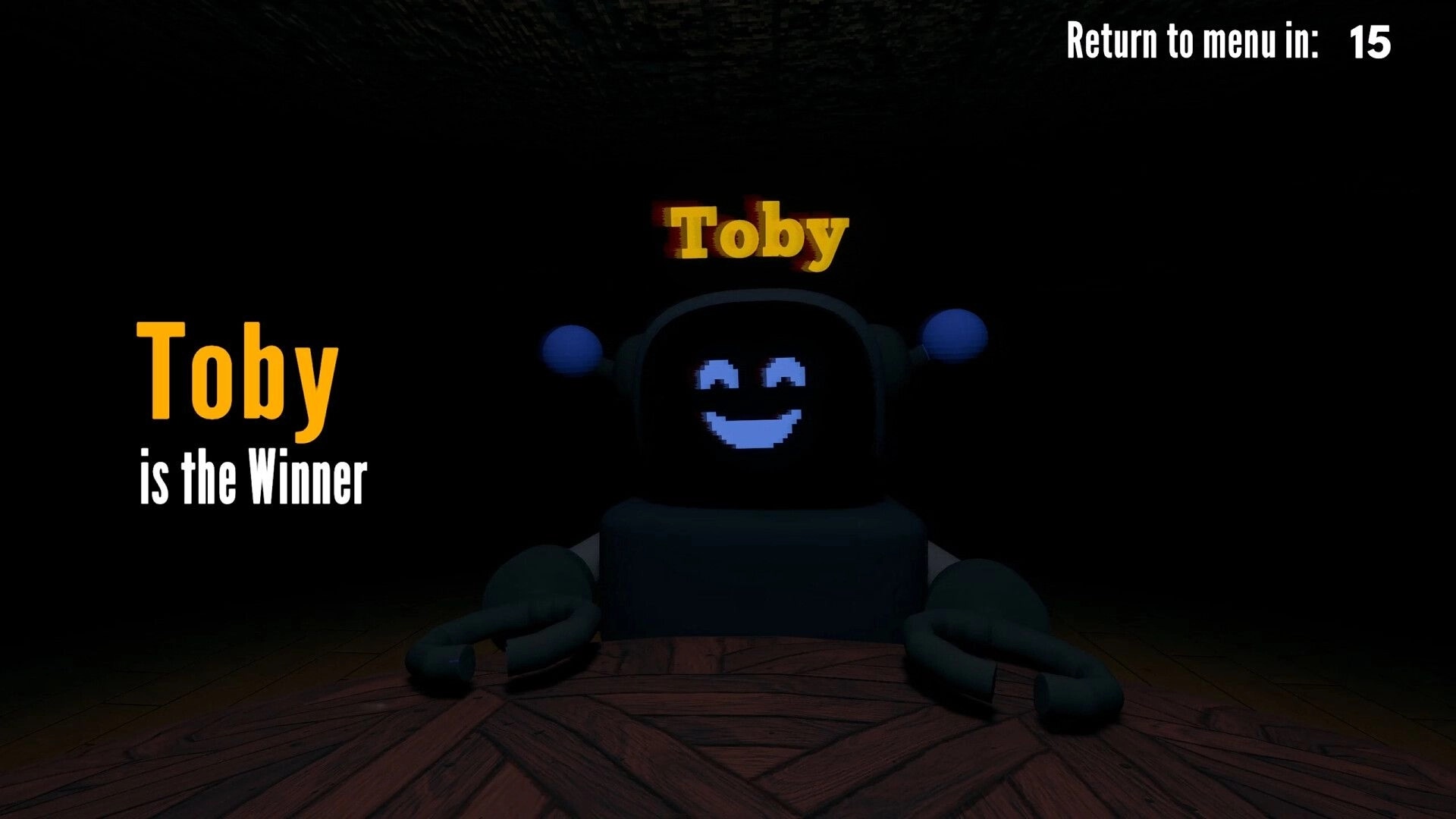 Barks and Bytes: Toby declared winner with smiling robot at table in dark room, countdown to menu.