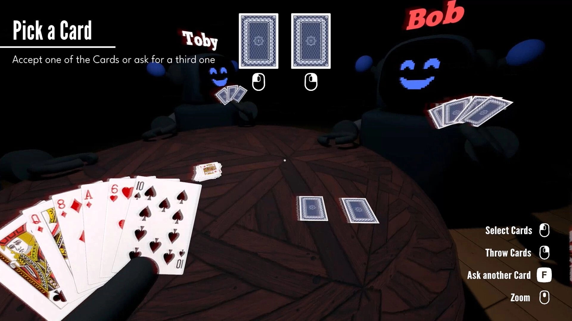 Barks and Bytes: Player holds cards at round table with Toby and Bob in dark multiplayer setting.