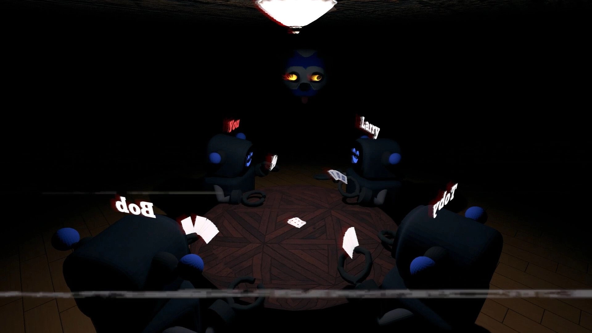 Barks and Bytes: Robots named Bob, Larry, and You play cards around a dimly lit table with a dog face above.