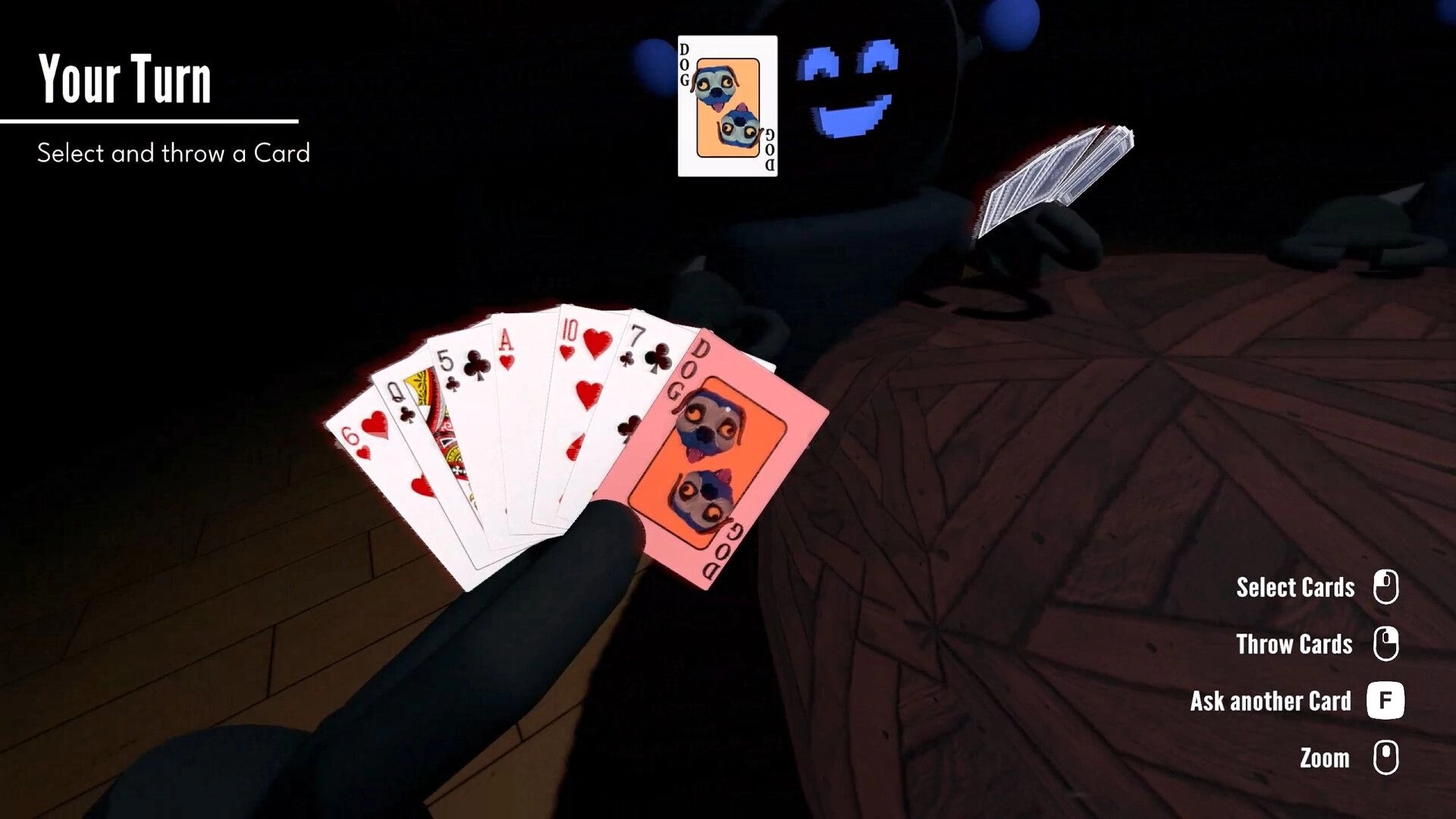Barks and Bytes: Player holds cards, including Dog Card, during turn in dimly lit multiplayer setting.