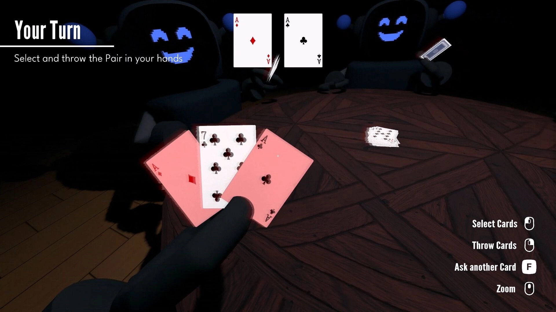Barks and Bytes: Player holding cards at dimly lit table, interactive options and turn indicator visible.