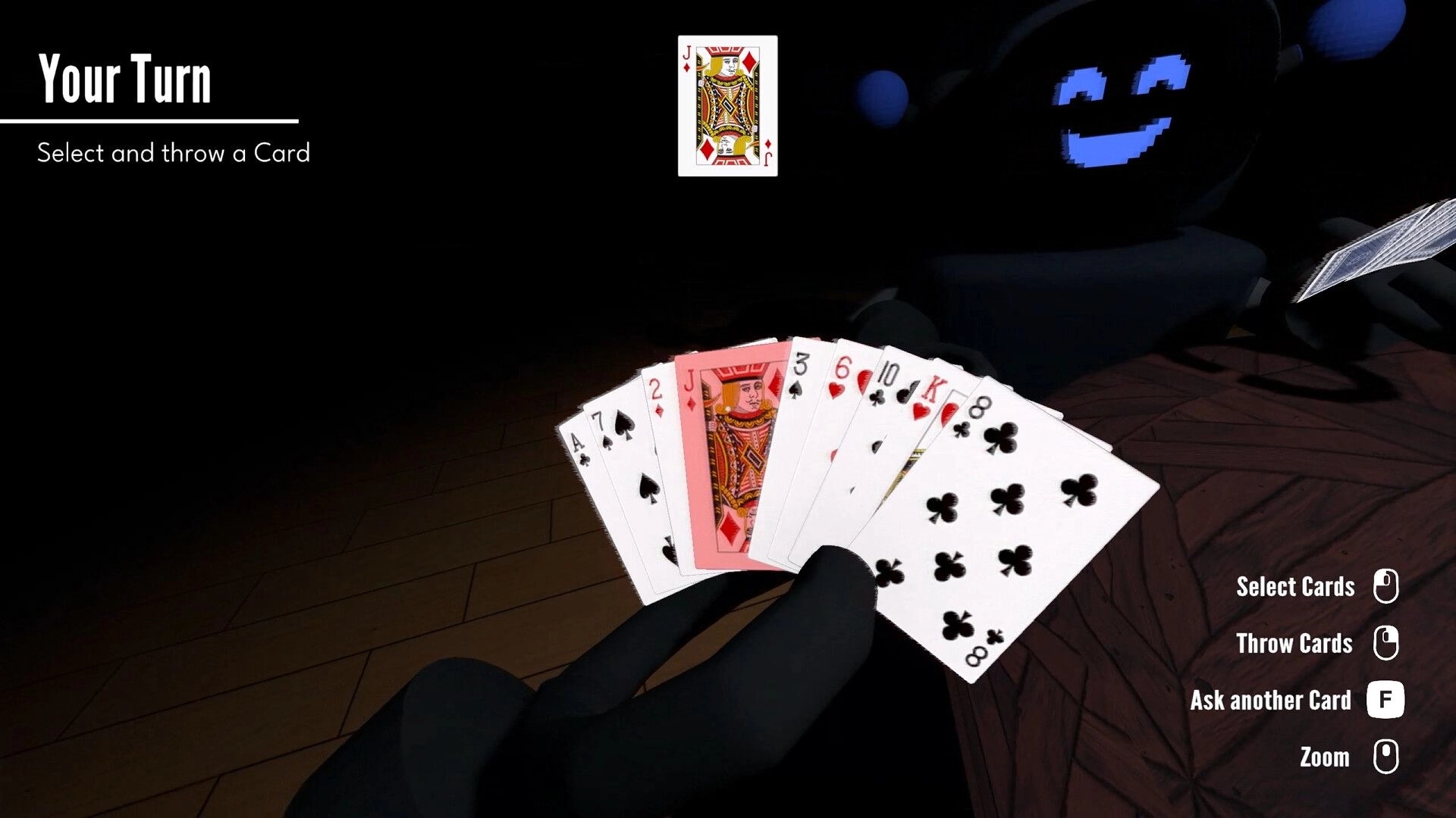 Barks and Bytes: Player holding cards during their turn, interface options visible on a dark wooden table.