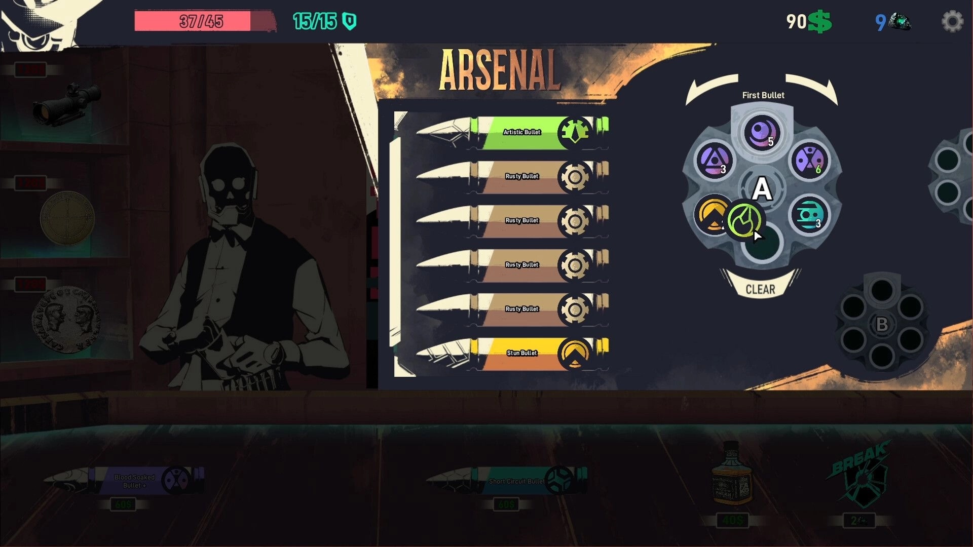 Barrel Roll: Arsenal menu showing revolver barrel customization with various bullet types and effects
