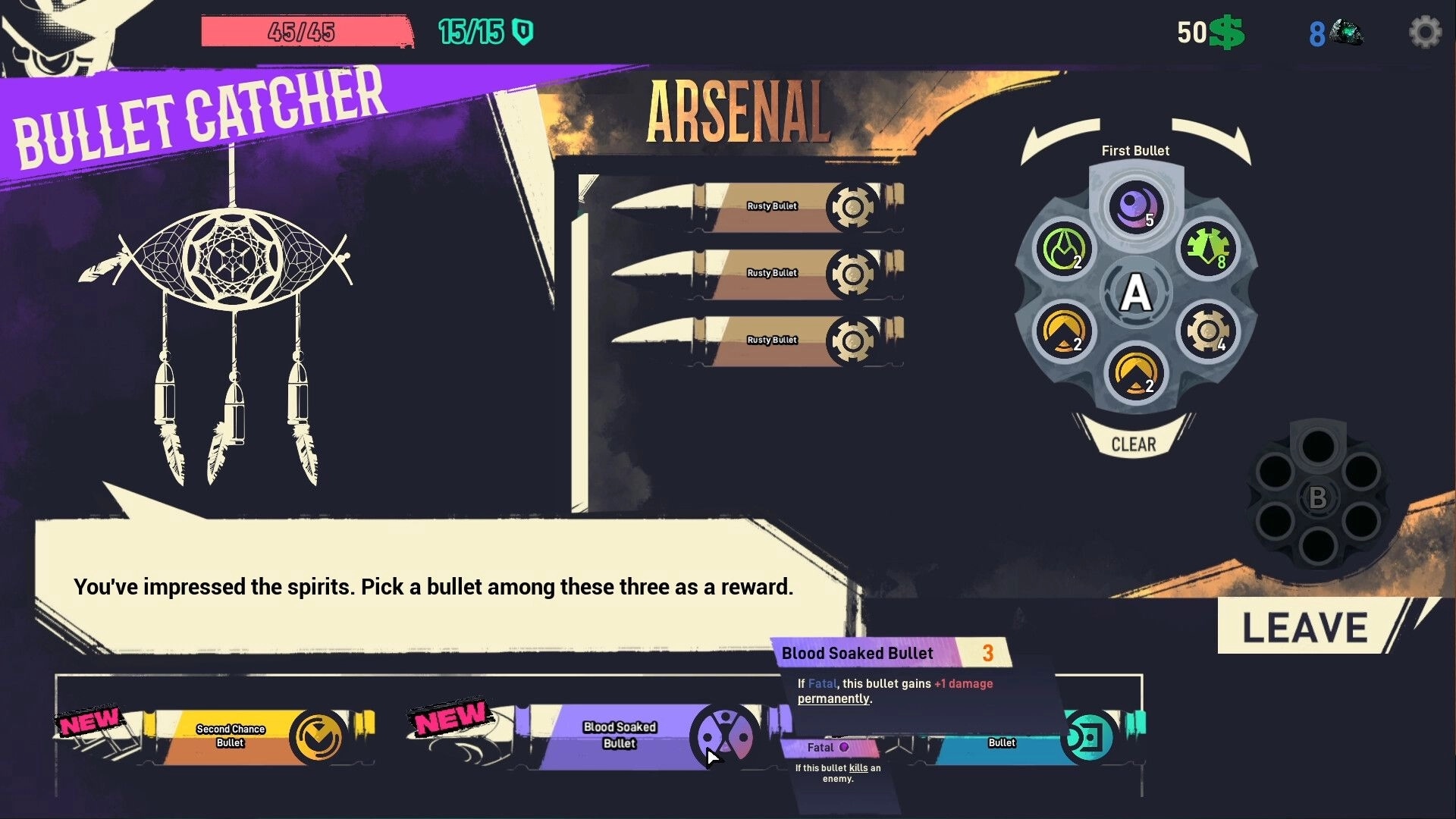 Barrel Roll: Bullet selection screen with Arsenal menu displaying options for customizing revolver barrel.