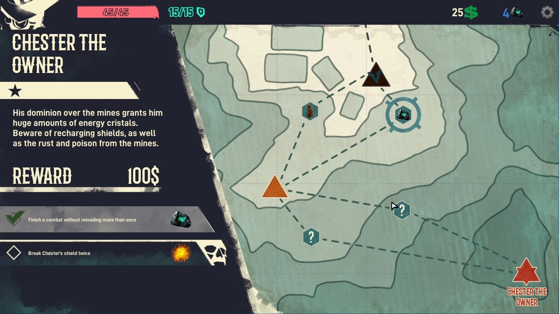 Barrel Roll: Map screen with Chester the Owner details, rewards, and objective nodes connected by paths
